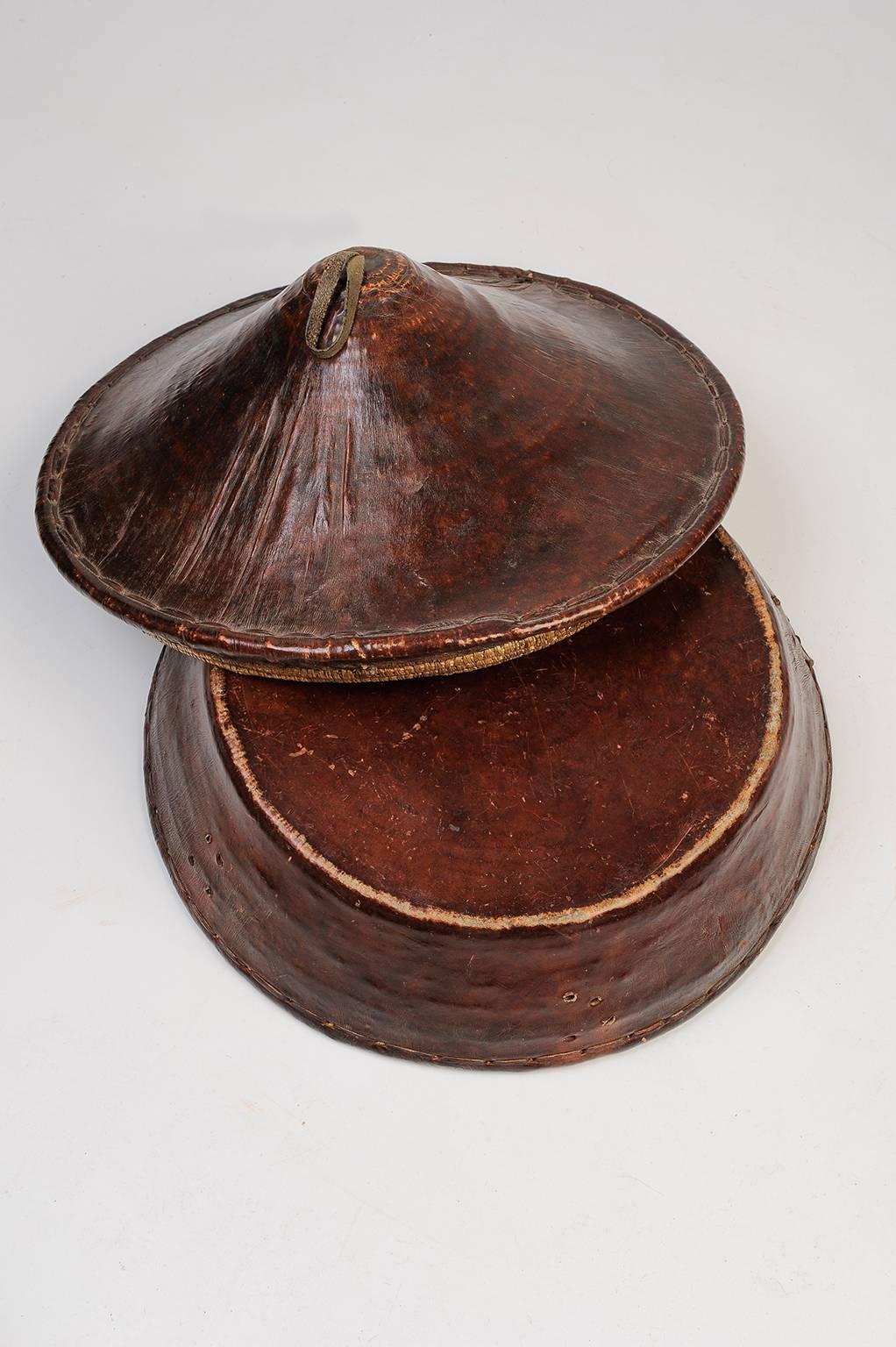 Arts and Crafts Leather-Covered Indian Basket with Lid For Sale