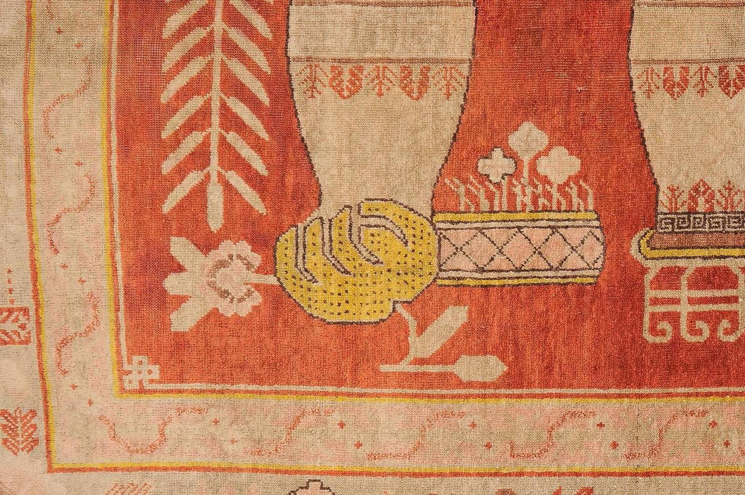 Wool Old Large Samarkand Carpet, Vases of Peonies 