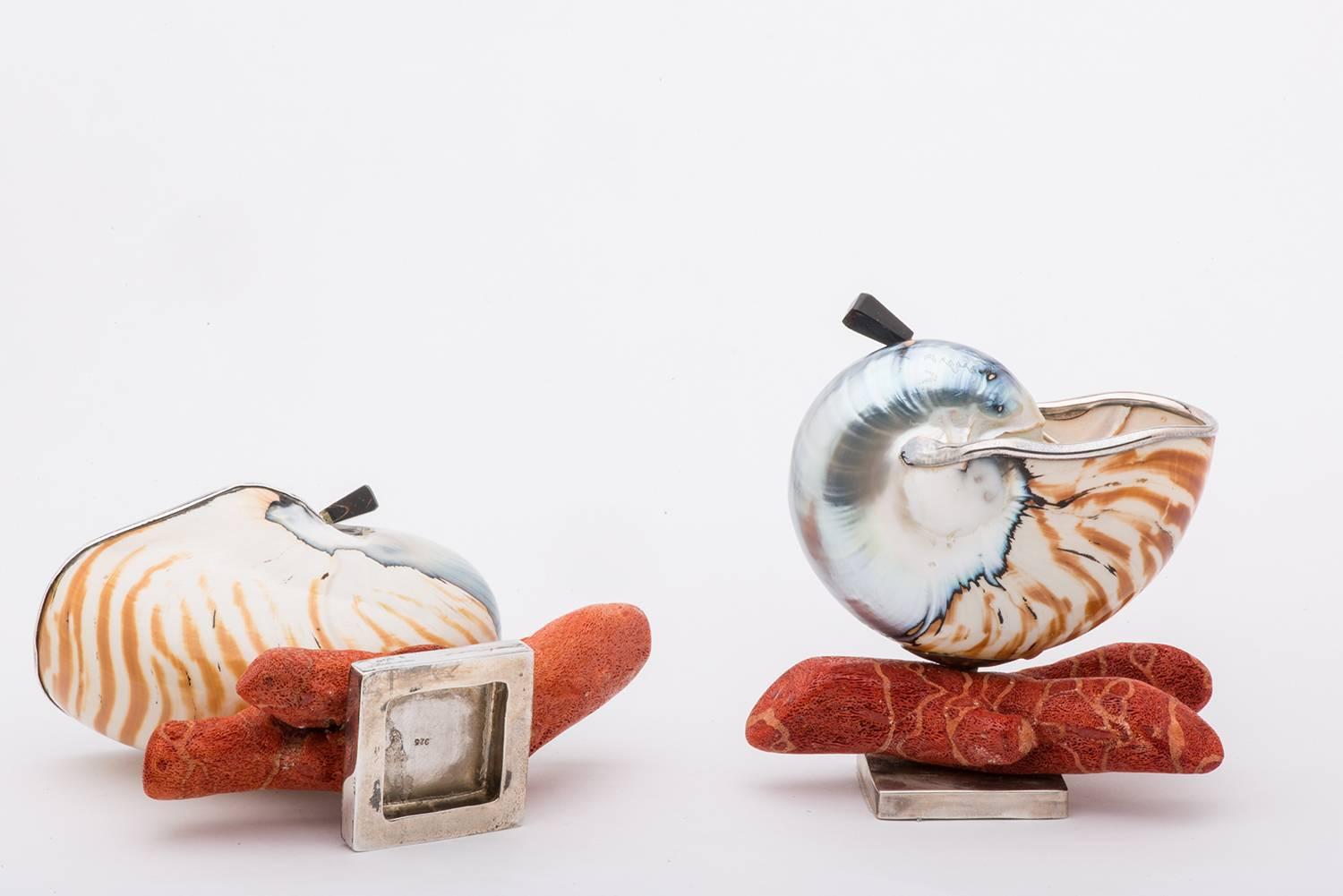 For You sea home ( or to dream it) : pair of nautilus shells for salt on faux coral base with silver - 
O/5736 - made by JORG. 
PROHIBITED for SALE in the USA.