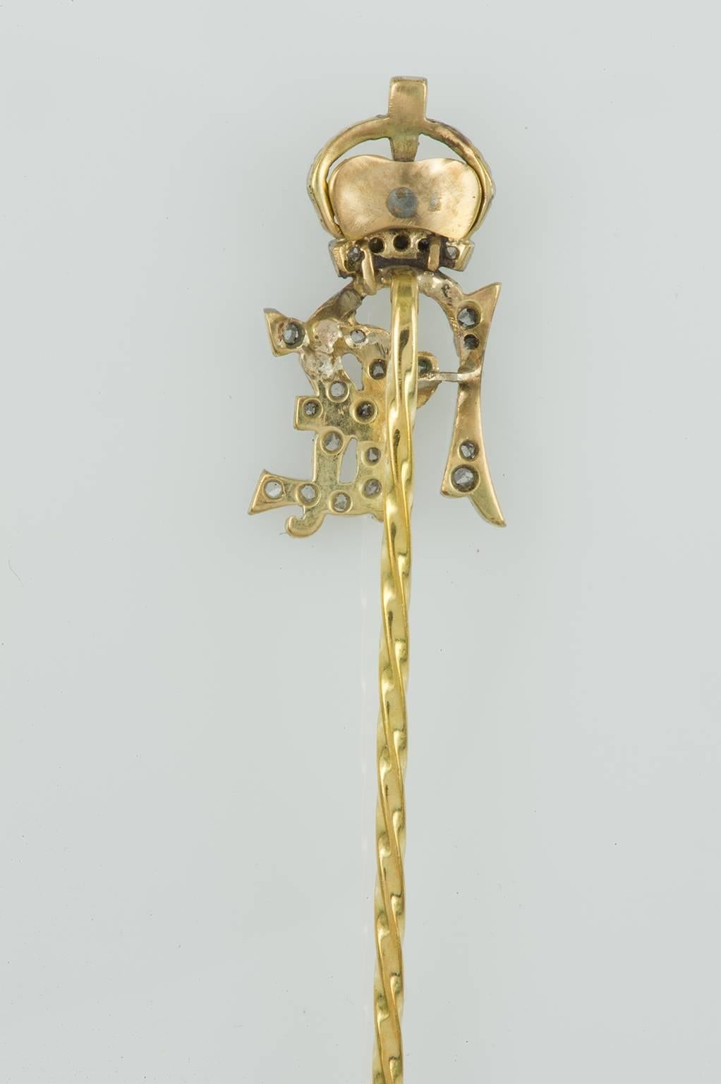 Italian  Golden Hat-pin with little Brilliants and Crown  For Sale