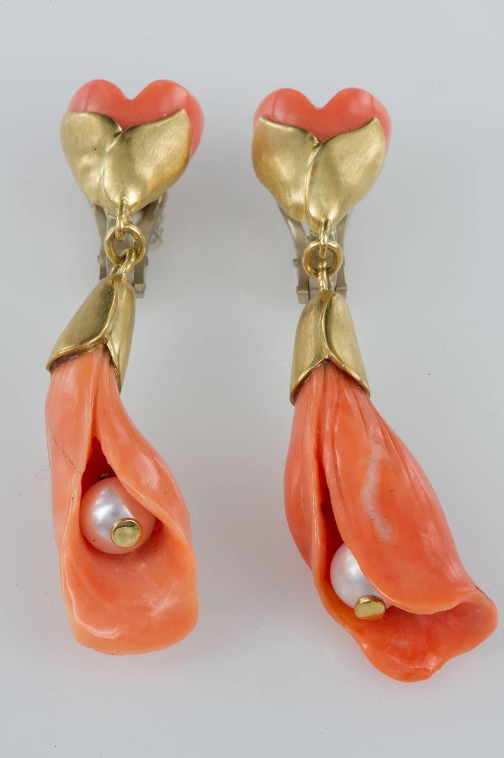 Italian Coral  Earrings on Gold with Pearls Flower Shaped For Sale