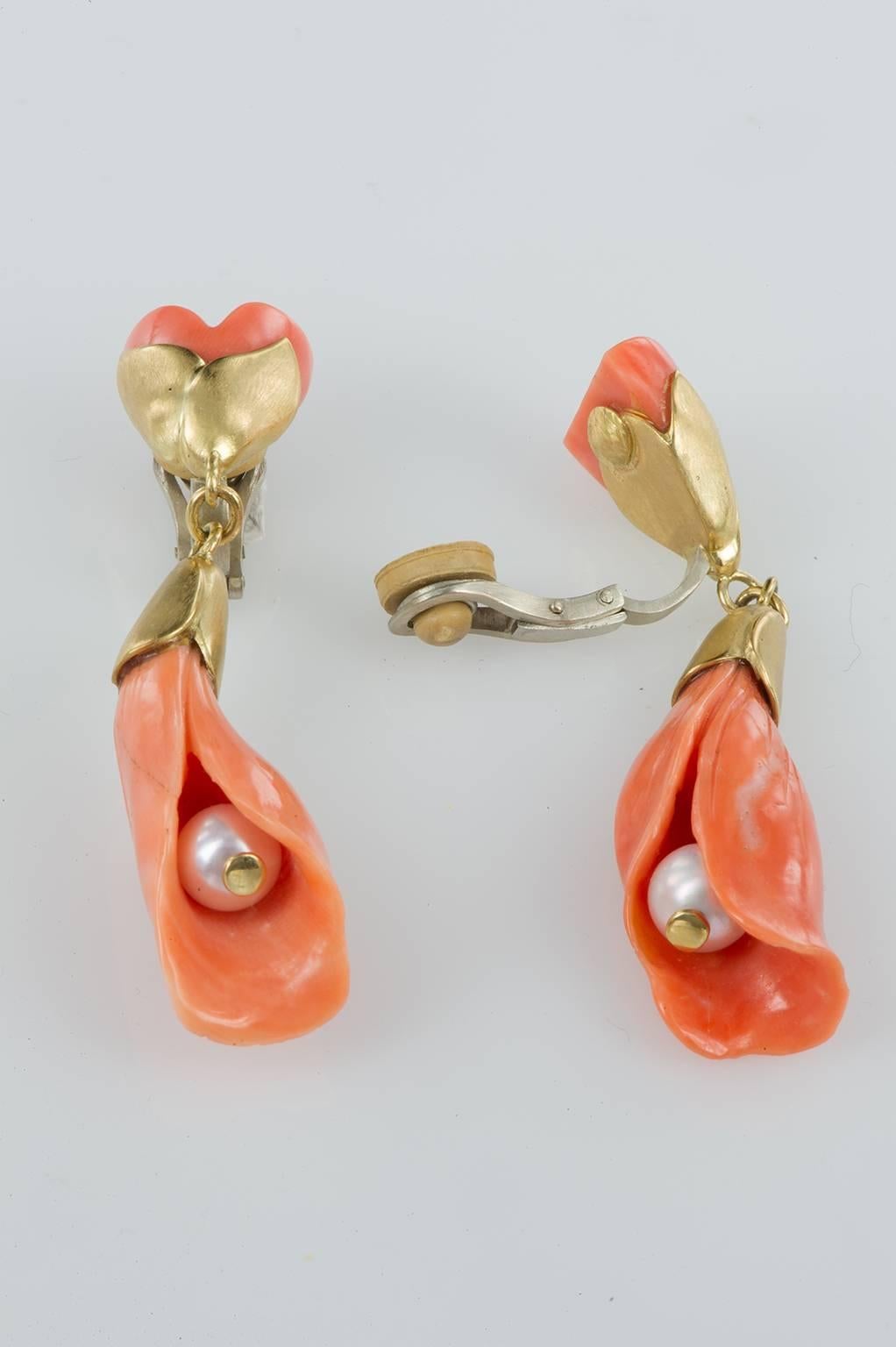 Organic Modern Coral  Earrings on Gold with Pearls Flower Shaped For Sale
