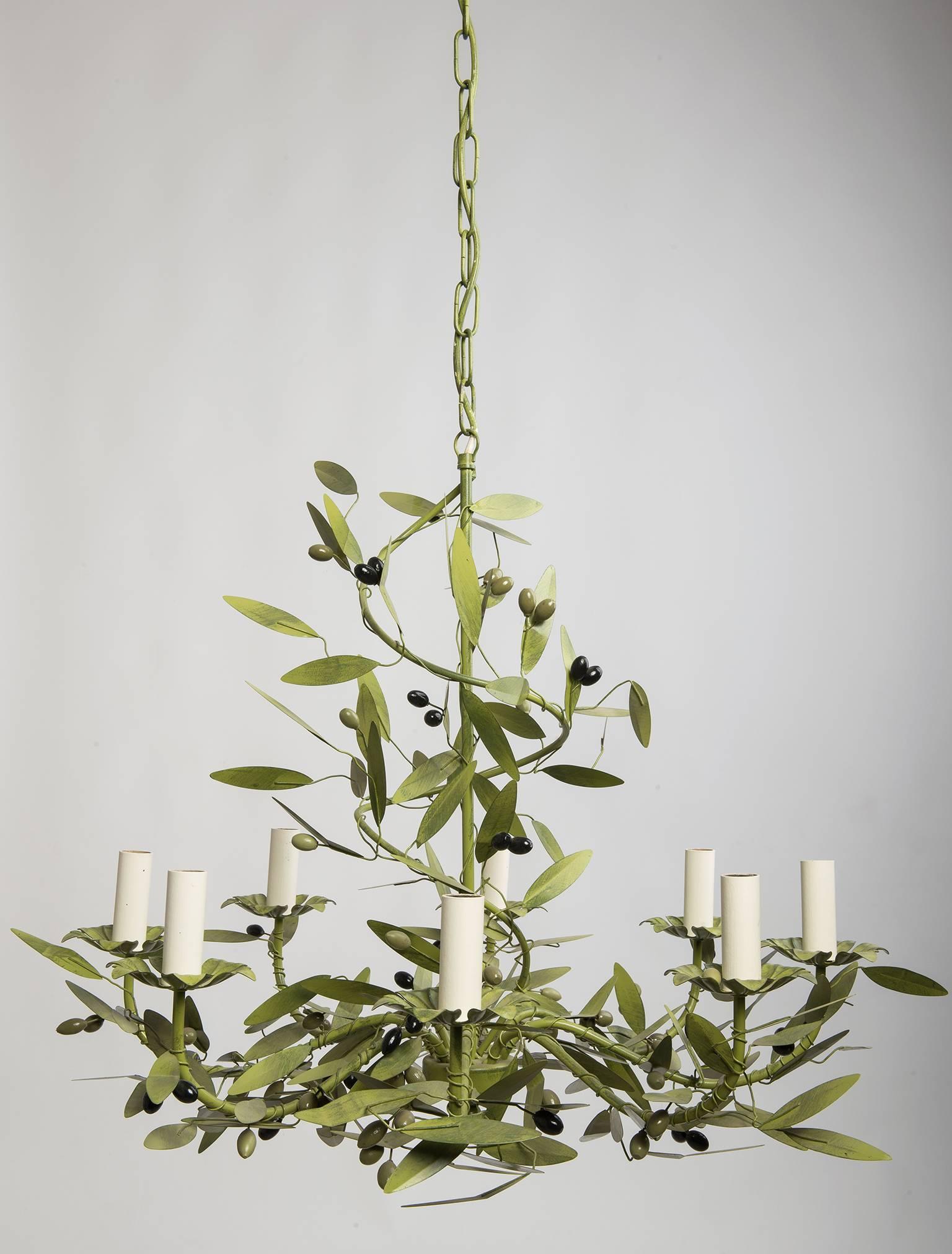 O/7193. Wrought iron chandelier with olives, completely handmade and hand-painted. Wonderful for kitchen, patio, dinner room.