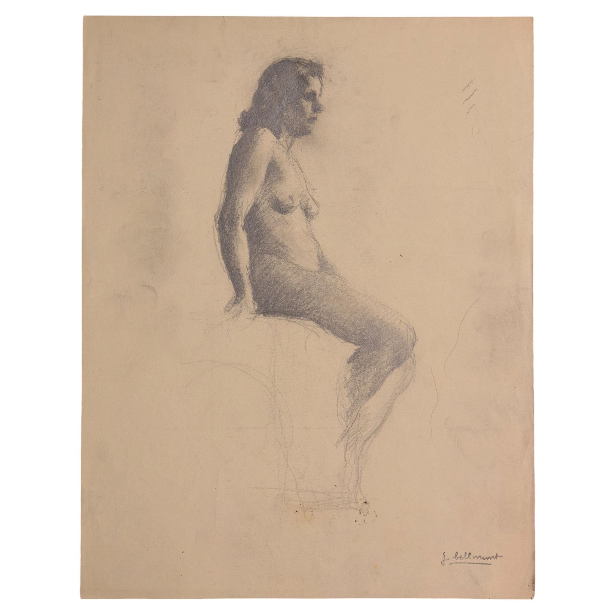 Dibujo a lápiz de un desnudo femenino en ambas caras de la hoja.