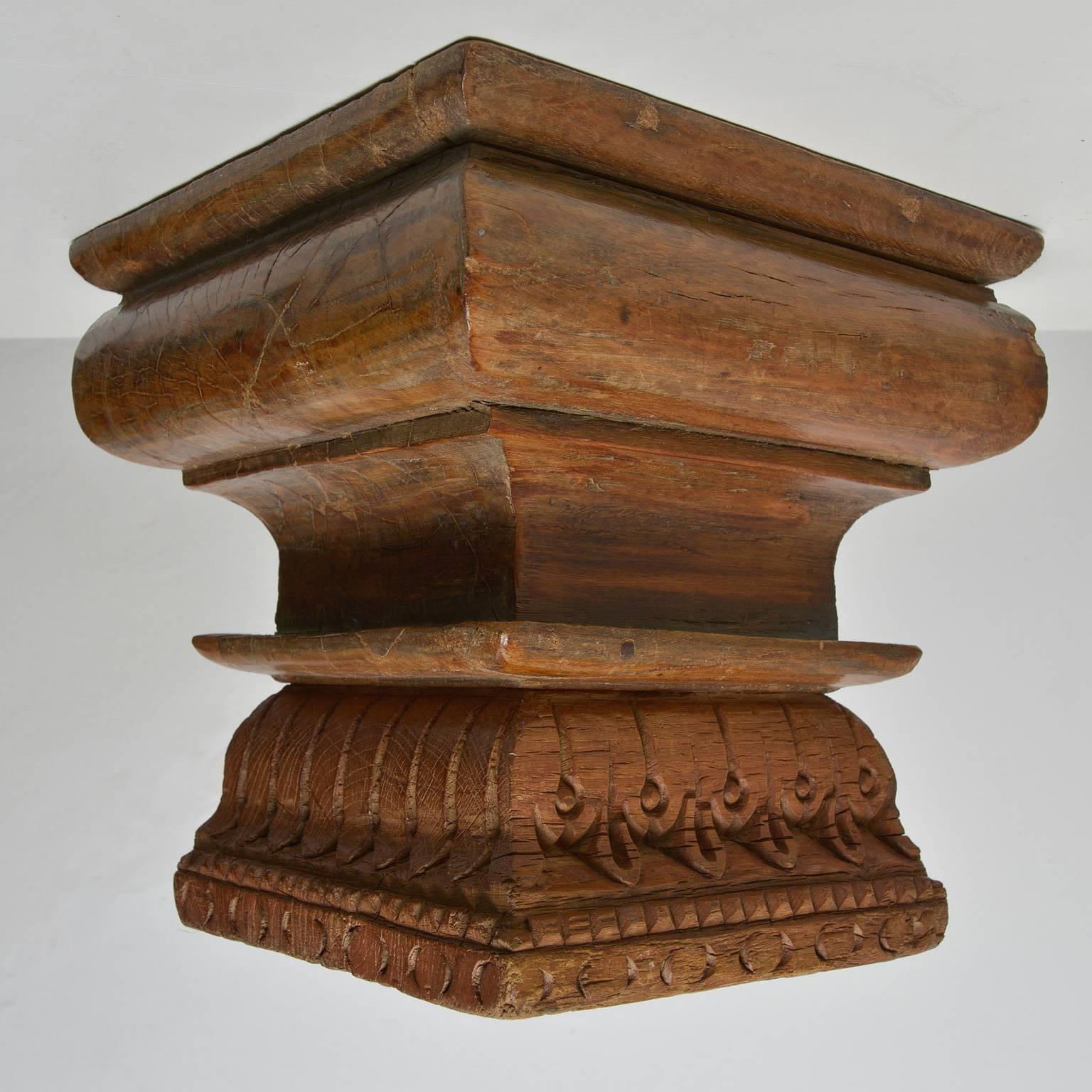 Indian Side Table or Stool, Old Asian Teak Sculpture Capitals