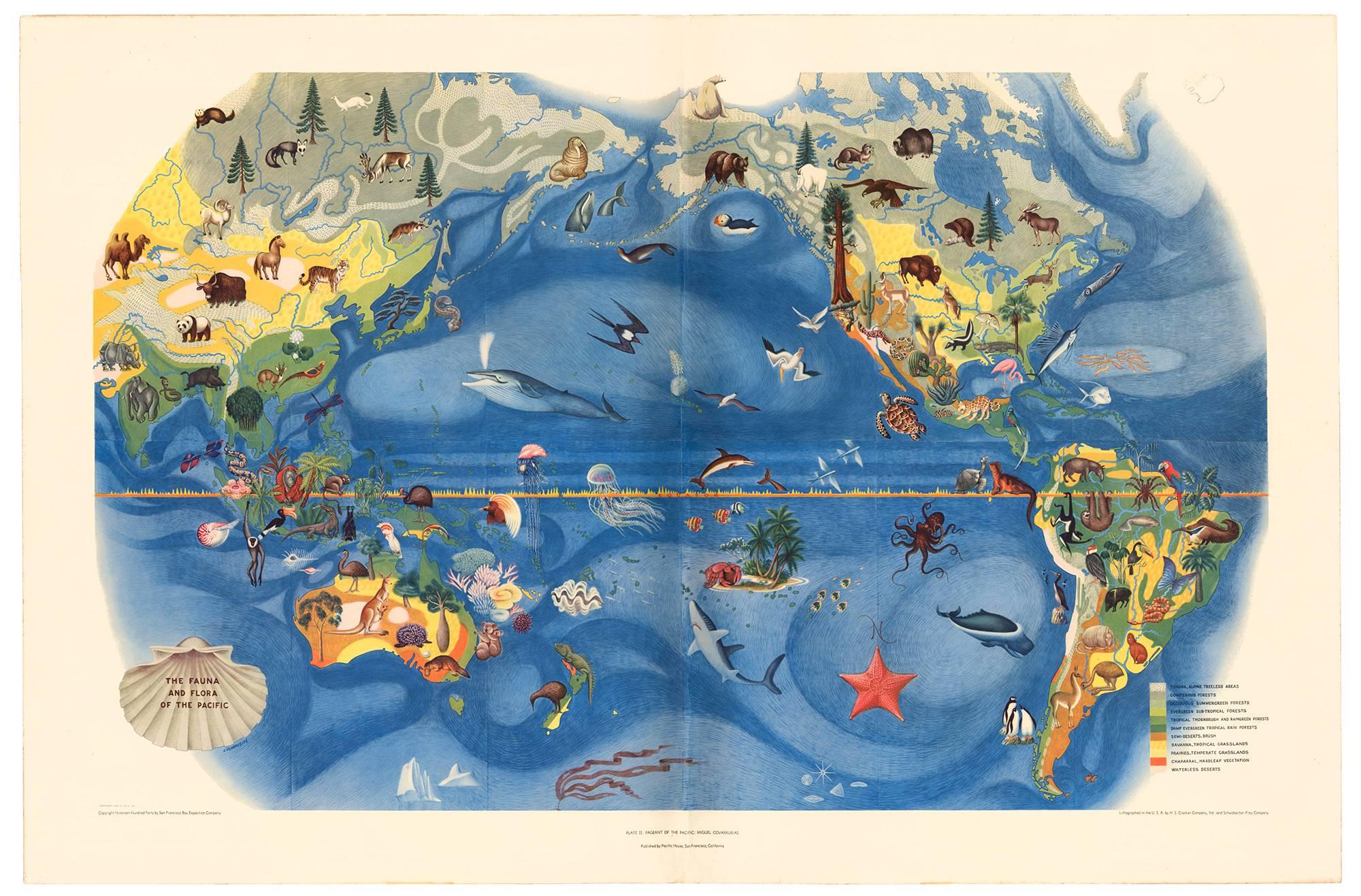 Pair of colorful maps by the Mexican painter, illustrator, filmmaker and anthropologist Miguel Covarrubias (1904-1957), referred to as Mexico's Renaissance Man. He painted six wall sized maps entitled 