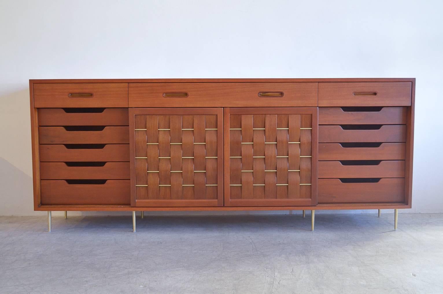 Mid-Century Modern Exceptional Mahogany and Brass Basketweave Credenza by Edward Wormley