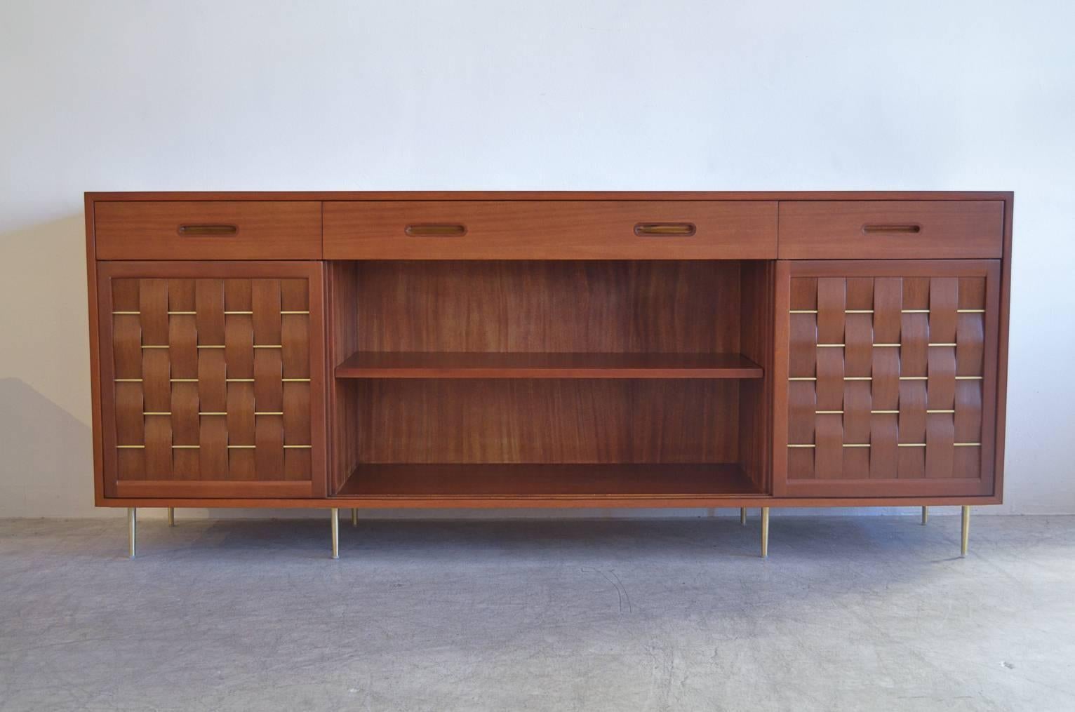 American Exceptional Mahogany and Brass Basketweave Credenza by Edward Wormley