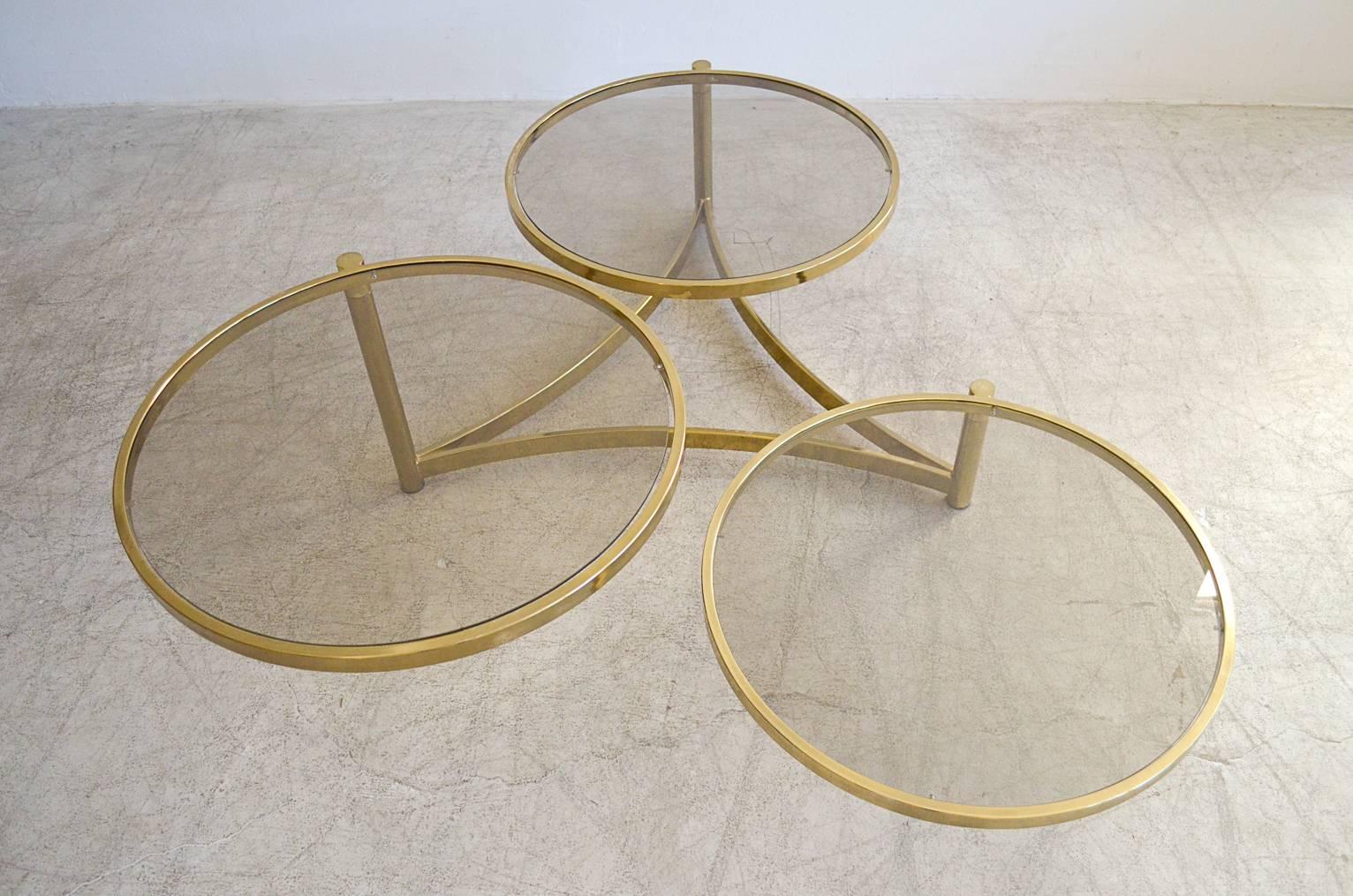 Milo Baughman Tri Level Brass and Glass Swivel Coffee Table In Excellent Condition In Costa Mesa, CA