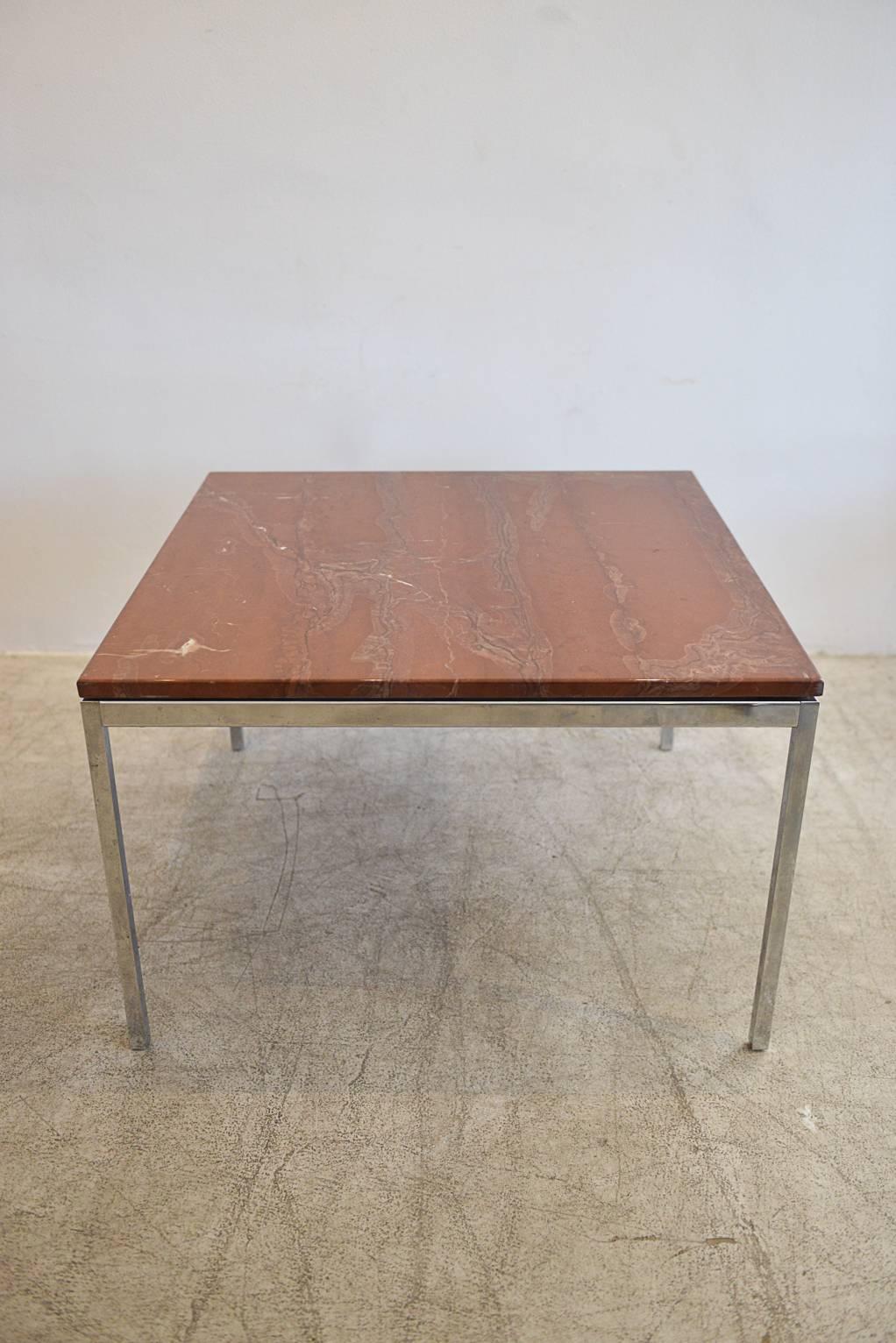 Rare Spanish Rojo Alicante marble coffee table by Knoll. Beautiful graining and color in this piece, marked on underside. Chrome is excellent and marble is free from cracks or chips. Marble is 7/8" Thick.

Measures: 29.5" square x