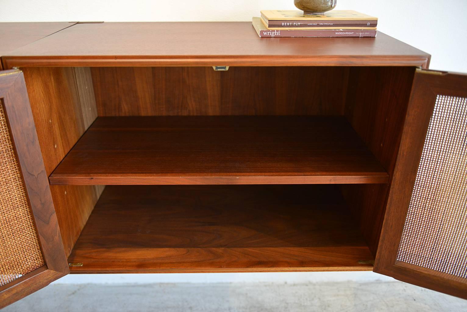 Pair of Floating Walnut and Cane Front Cabinets In Good Condition In Costa Mesa, CA