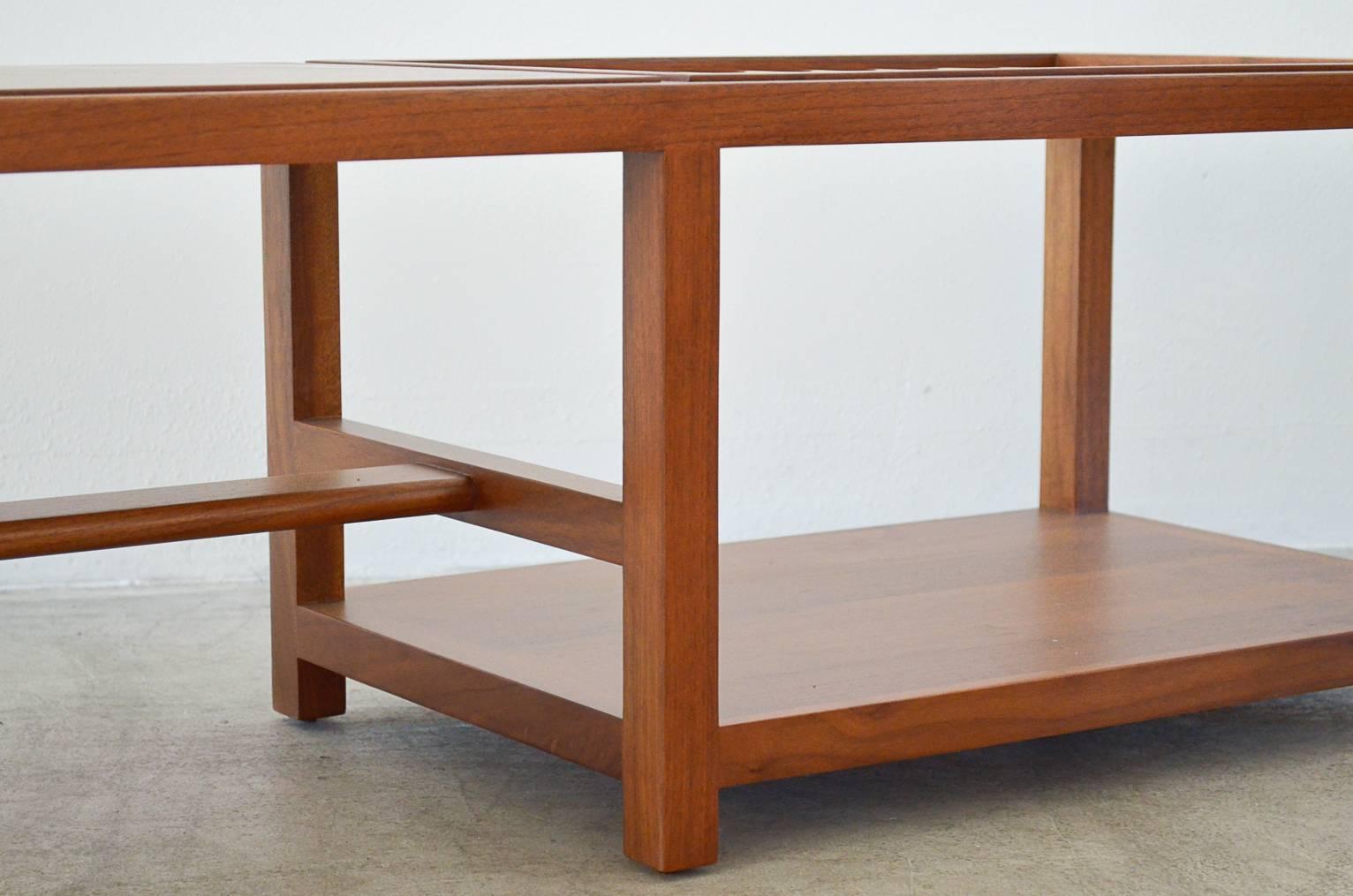 Walnut and Brass Coffee Table with Magazine Rack by Dunbar In Excellent Condition In Costa Mesa, CA
