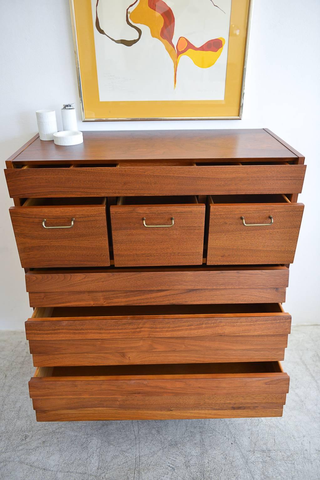 Mid-Century Modern Walnut and Brass Highboy Dresser by Merton Gershun