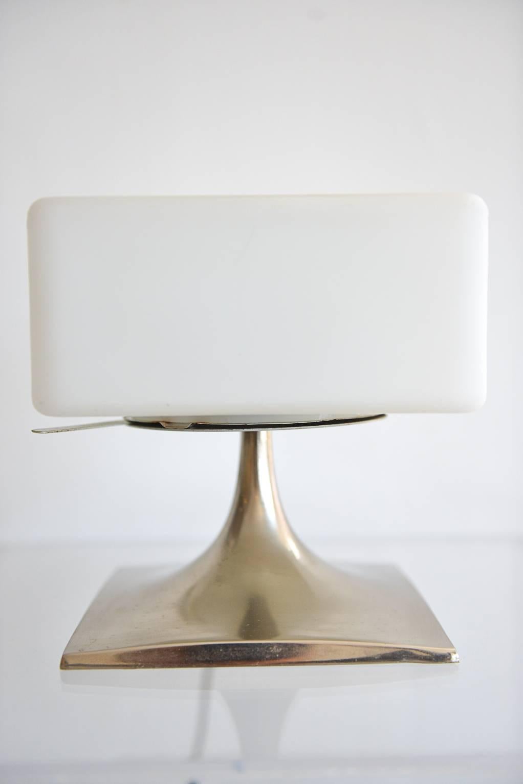 Beautiful rare square Italian glass shade Laurel Lamp, model 6083 with original wiring and stickers. Very good vintage condition, base has very slight patina, as shown and original glass shade is perfect. Beautiful opaque light and petite size for