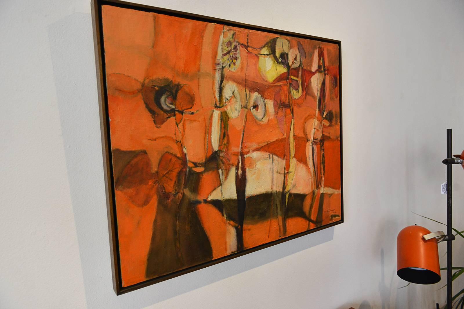 Colorful original oil on canvas modernist expressionistic painting by artist Mai Onno, 1962. Excellent original condition with original floating black wood frame.

Measures: 31