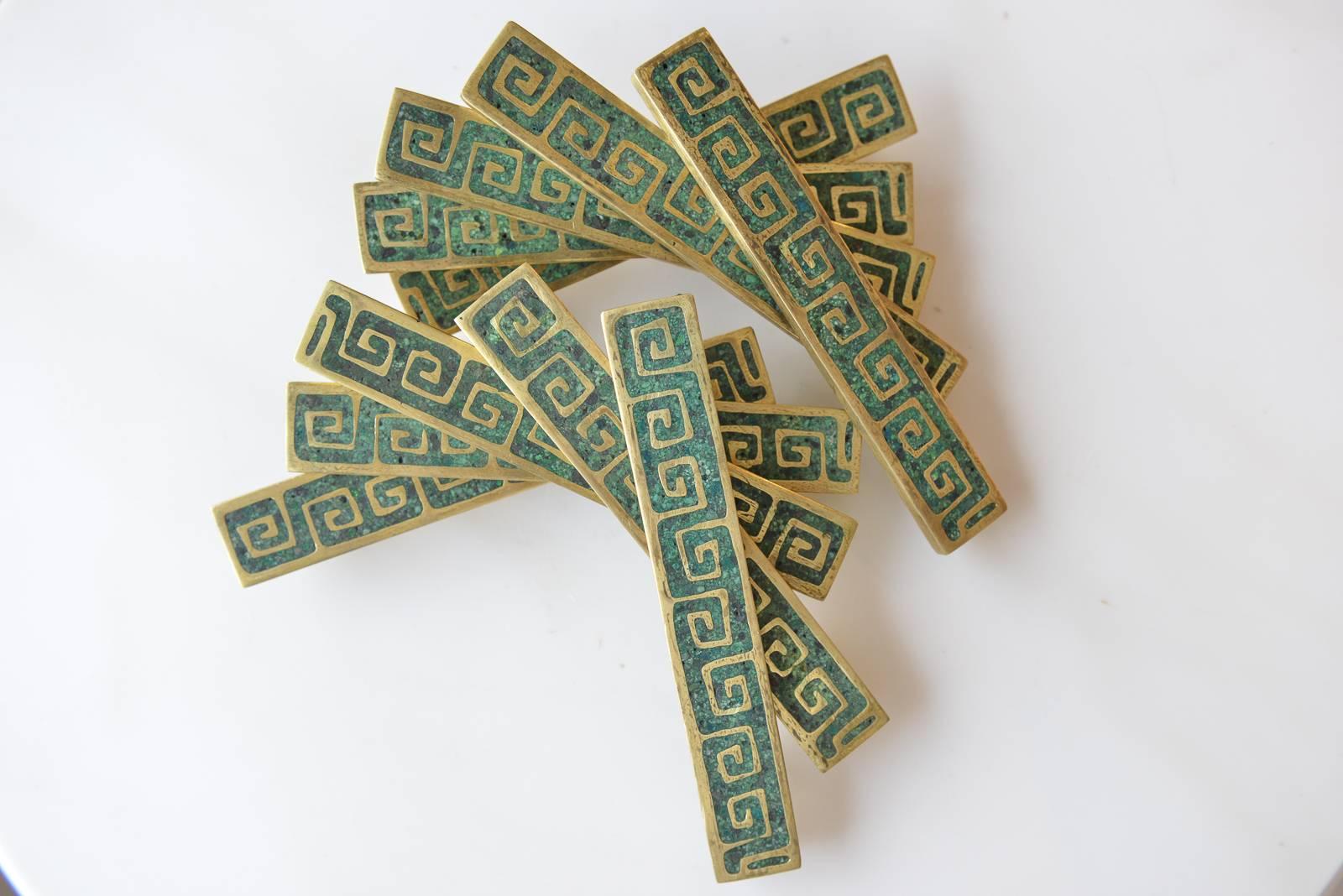 Mexican Set of Ten Brass and Ceramic Inlay Hardware Pulls by Pepe Mendoza, circa 1954