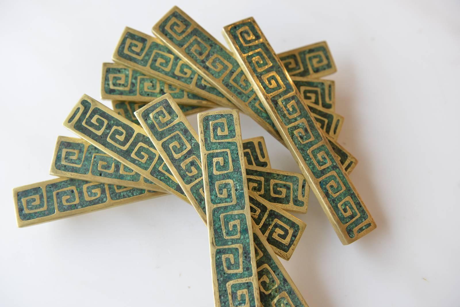 Set of Ten Brass and Ceramic Inlay Hardware Pulls by Pepe Mendoza, circa 1954 In Excellent Condition In Costa Mesa, CA