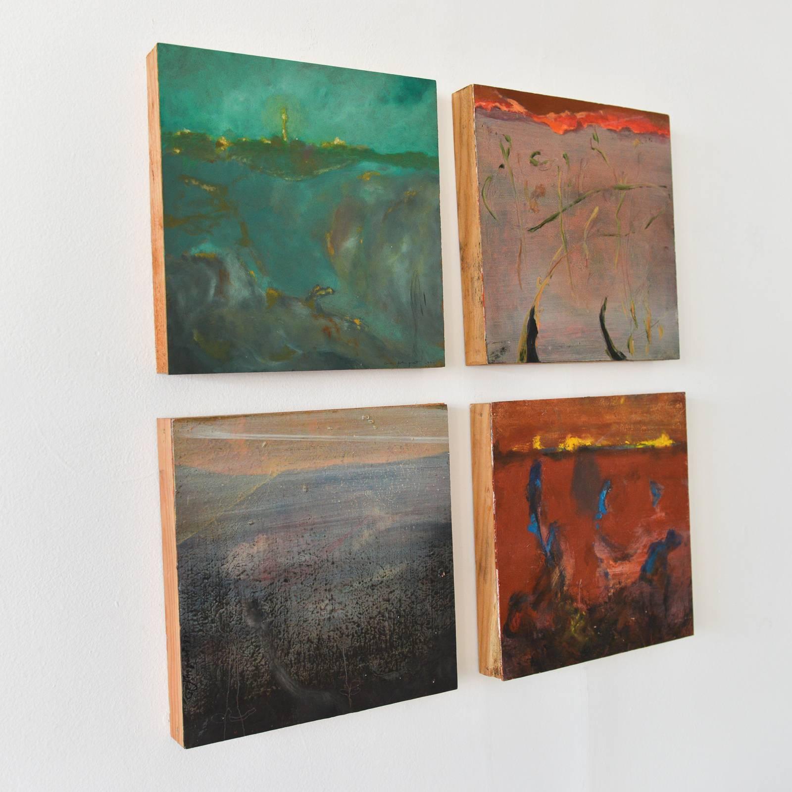 Set of four original abstract paintings on wood by California Artist Gilbert Johnquest, 1997. Can be hung any way you desire. Each painting is 12 x 12 and painted on wood in a reclaimed wood frame.

All signed by the artist in 1997.