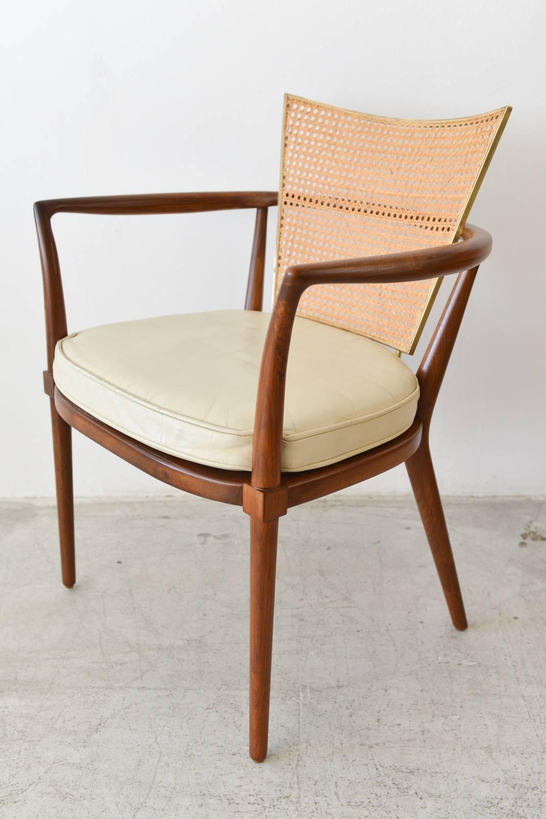 Pair of Walnut, Cane and Brass Armchairs by Bert England, ca. 1955 In Excellent Condition In Costa Mesa, CA