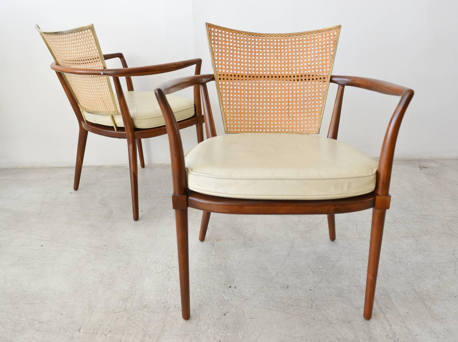 American Pair of Walnut, Cane and Brass Armchairs by Bert England, ca. 1955