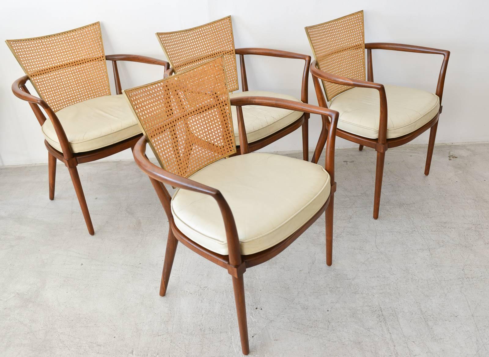 Mid-Century Modern Pair of Walnut, Cane and Brass Armchairs by Bert England, ca. 1955