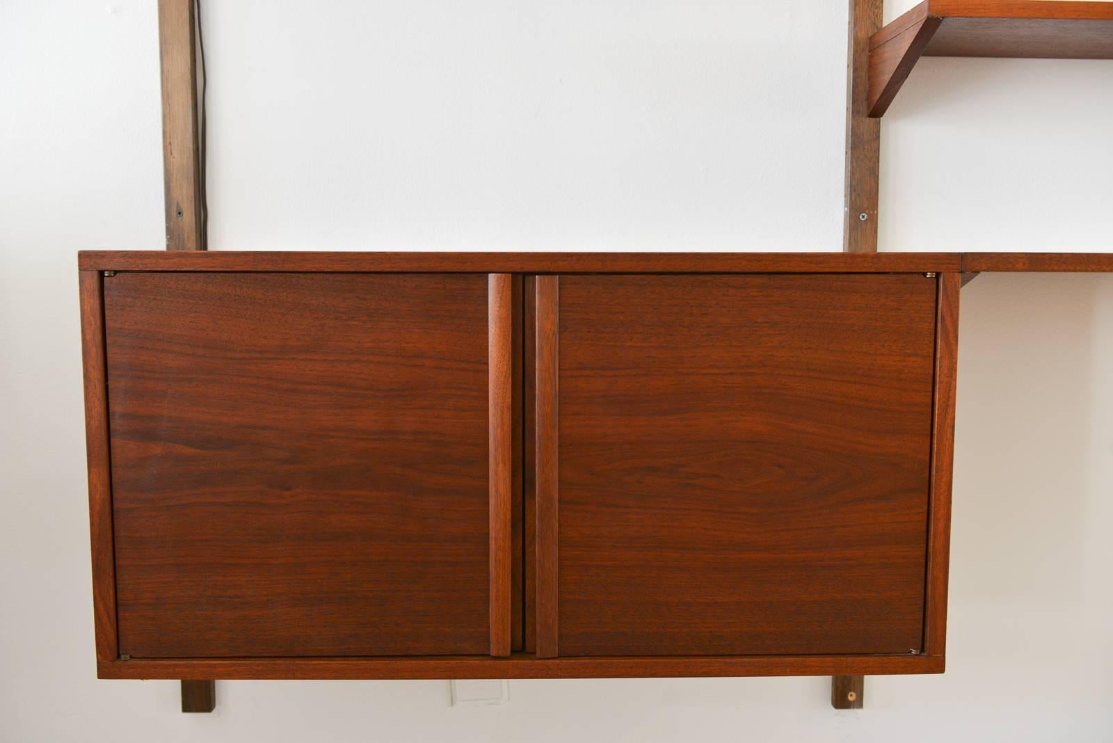 Glass Walnut 3 Bay Wall Unit with Lighted Cabinets, circa 1970