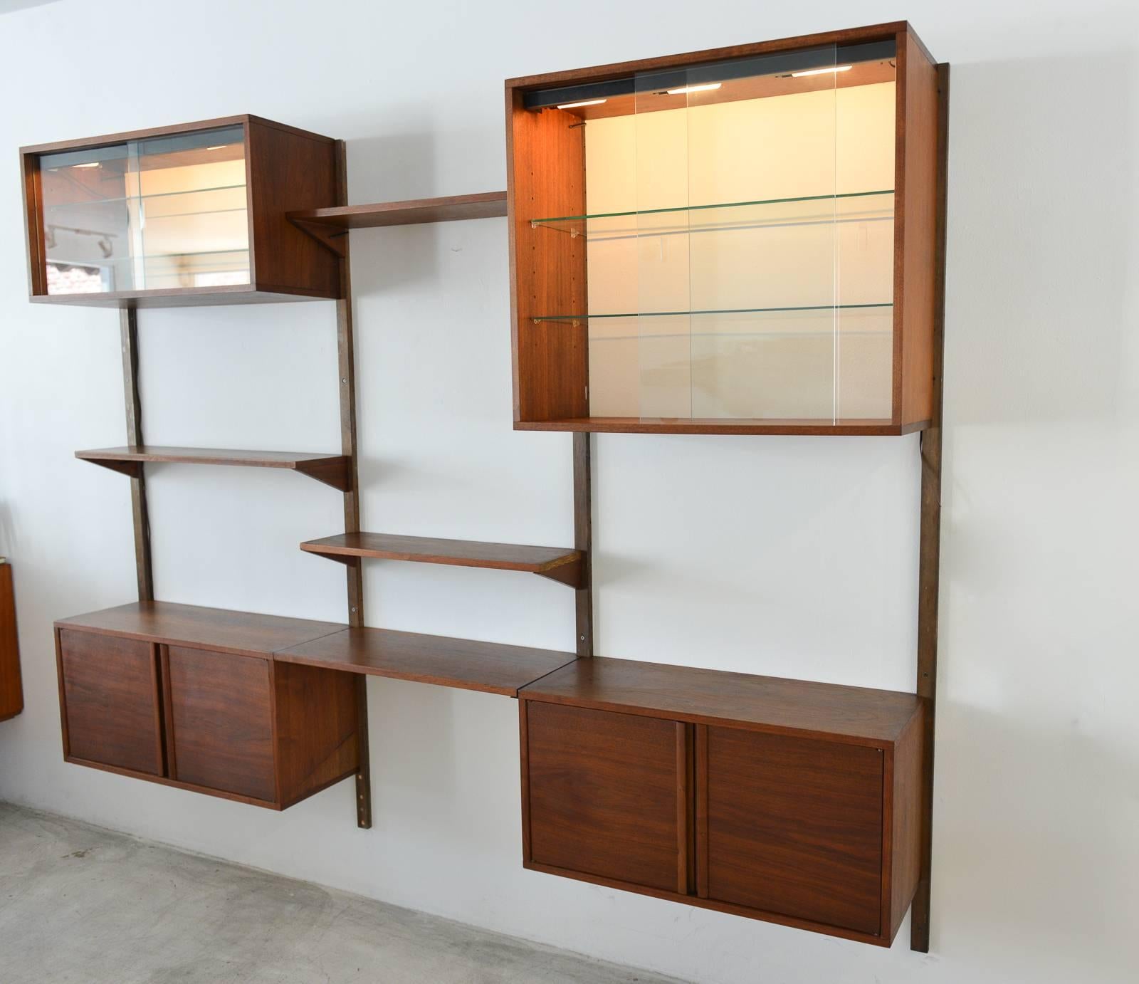 Mid-Century Modern Walnut 3 Bay Wall Unit with Lighted Cabinets, circa 1970