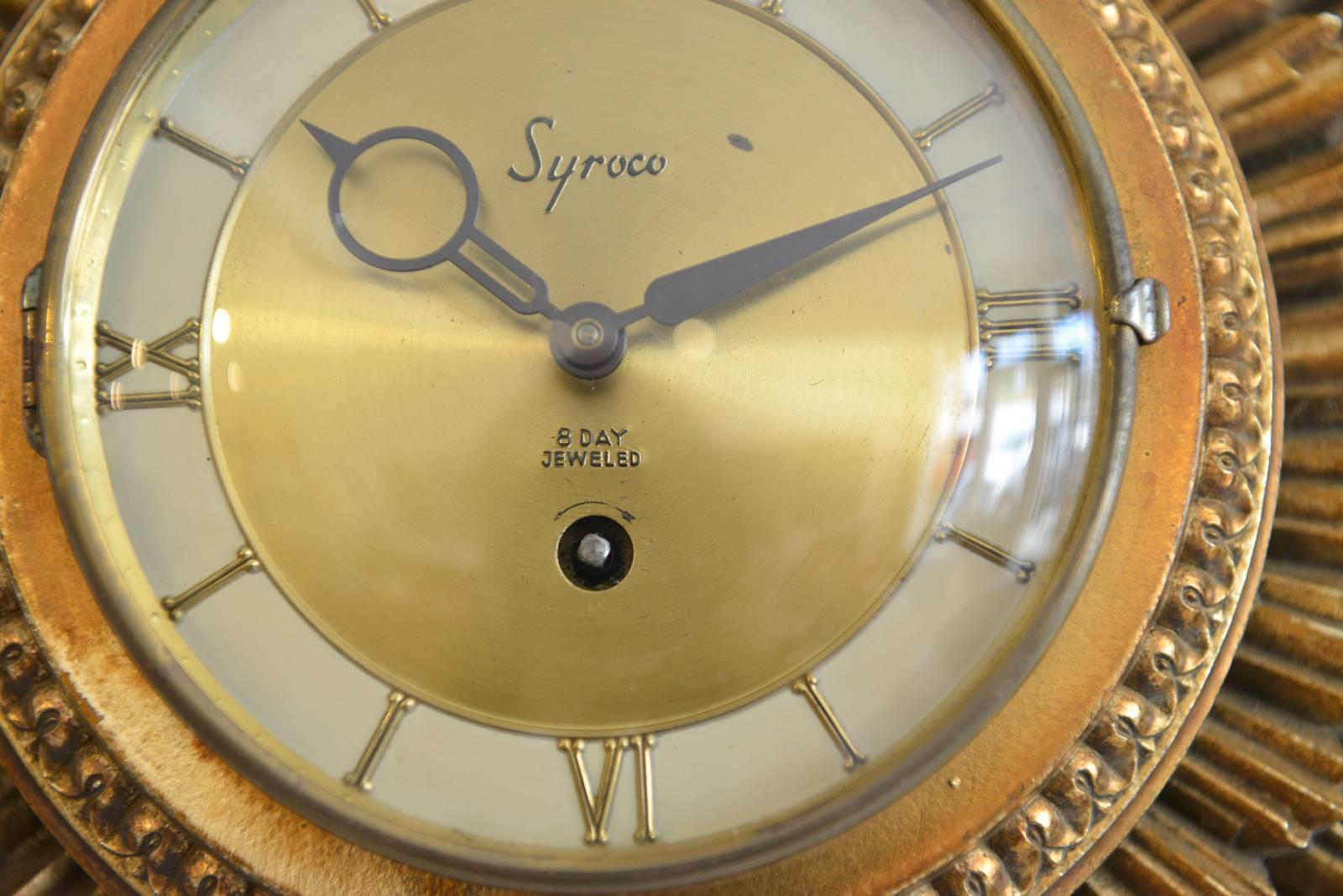 Mid-Century Modern Gold Sunburst Clock by Syroco, circa 1955