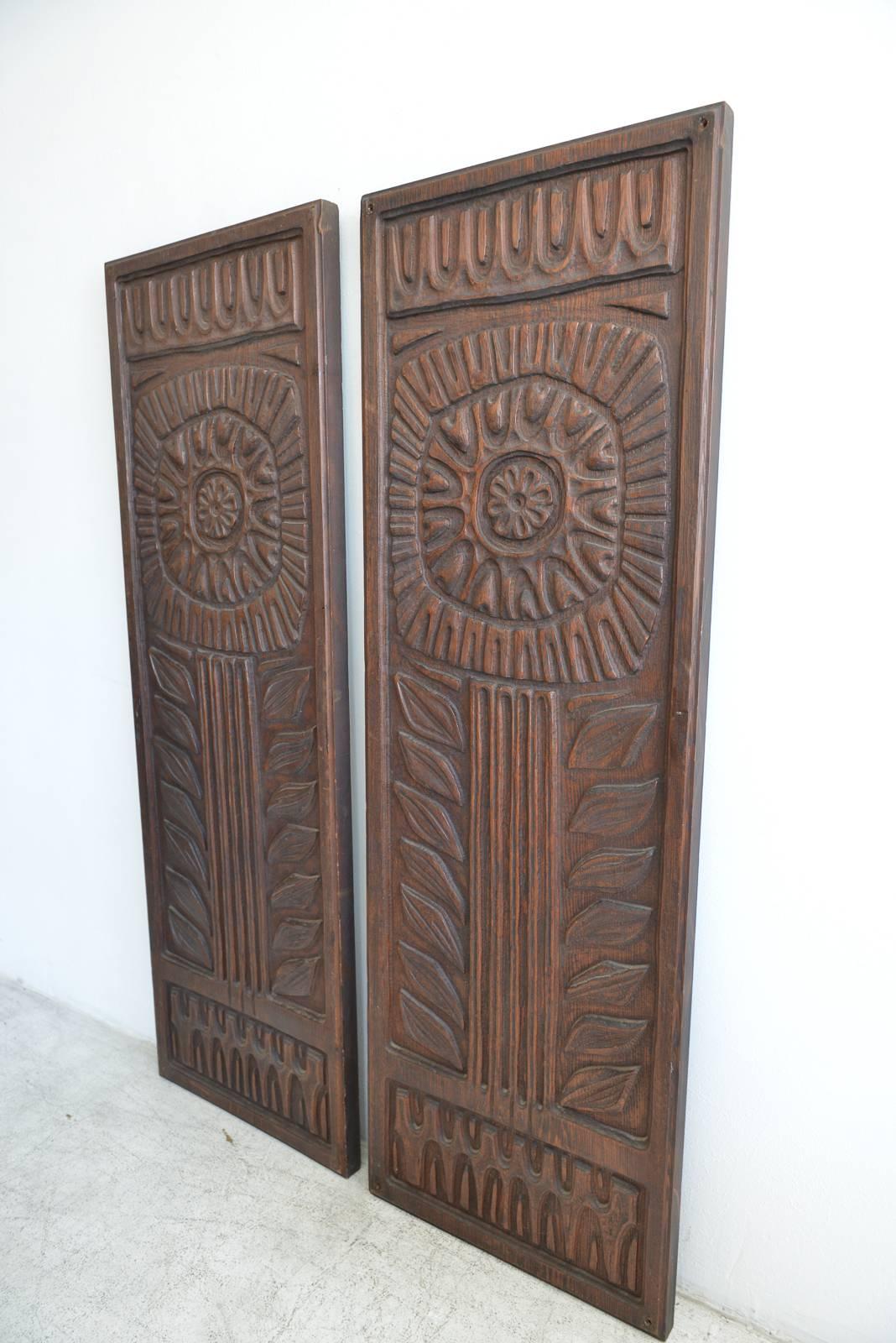 Mid-Century Modern Pair of Large Scale Evelyn Ackerman Wood Panels, 'Flower', circa 1960