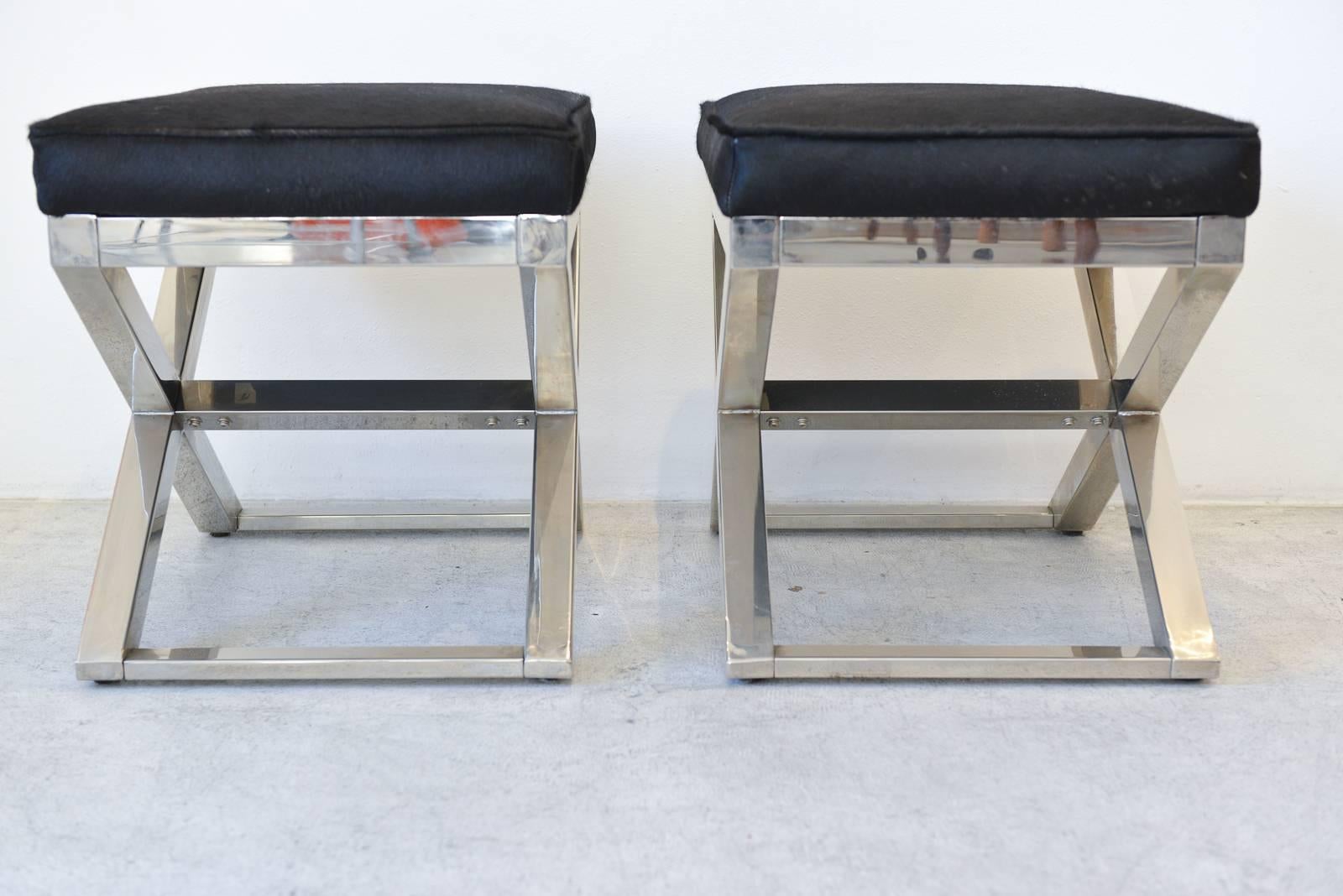 Mid-Century Modern Pair of Chrome X-Base Stools with Cowhide Seats