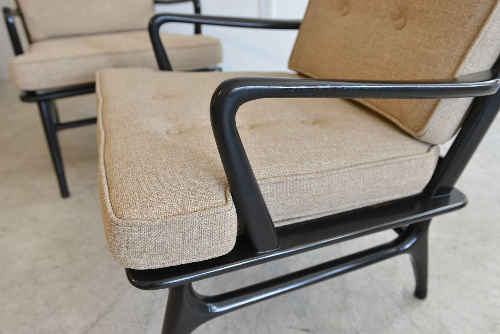 American Pair of Sculpted Ebonized High Back Lounge Chairs, circa 1955