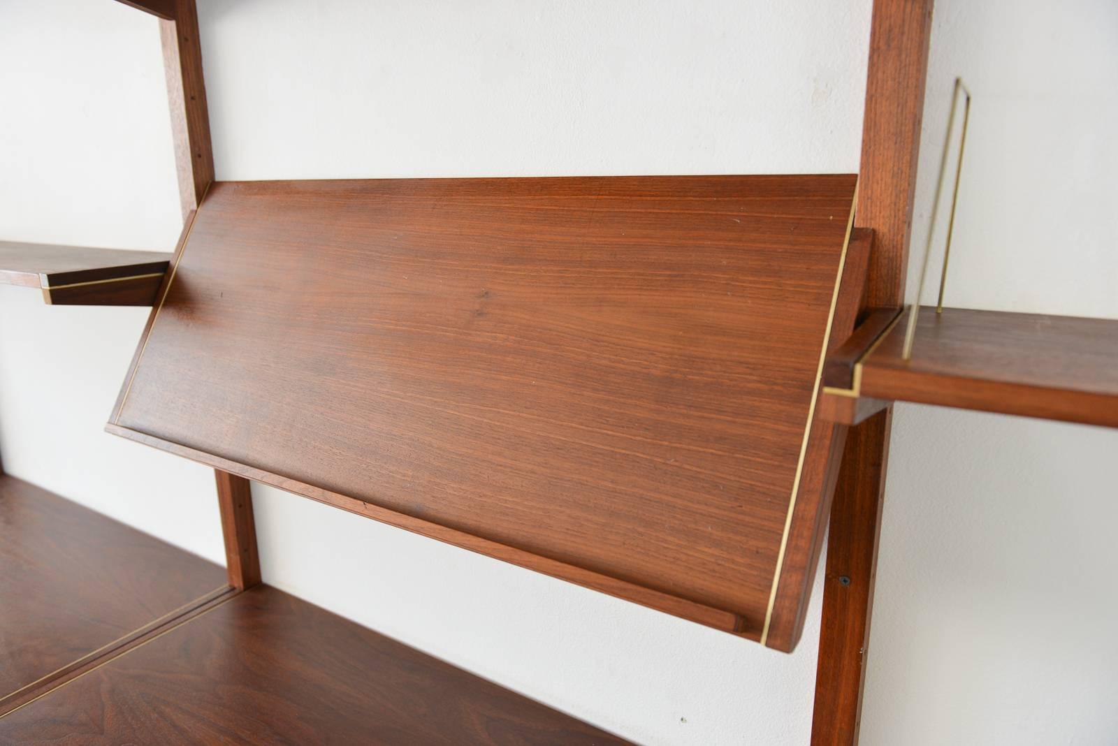 Walnut and Brass Shelving Wall Unit by Gerald McCabe, circa 1970 In Good Condition In Costa Mesa, CA