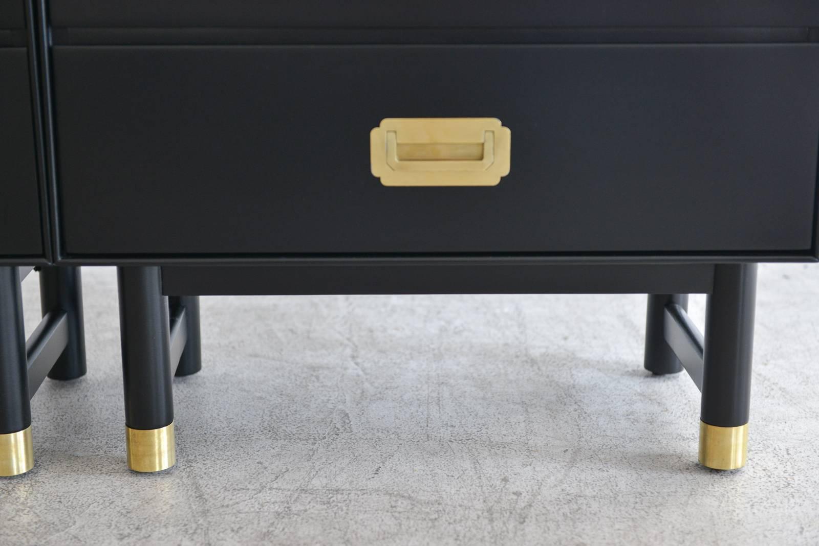 Pair of Black Lacquer and Brass Campaign Nightstands, circa 1960 1