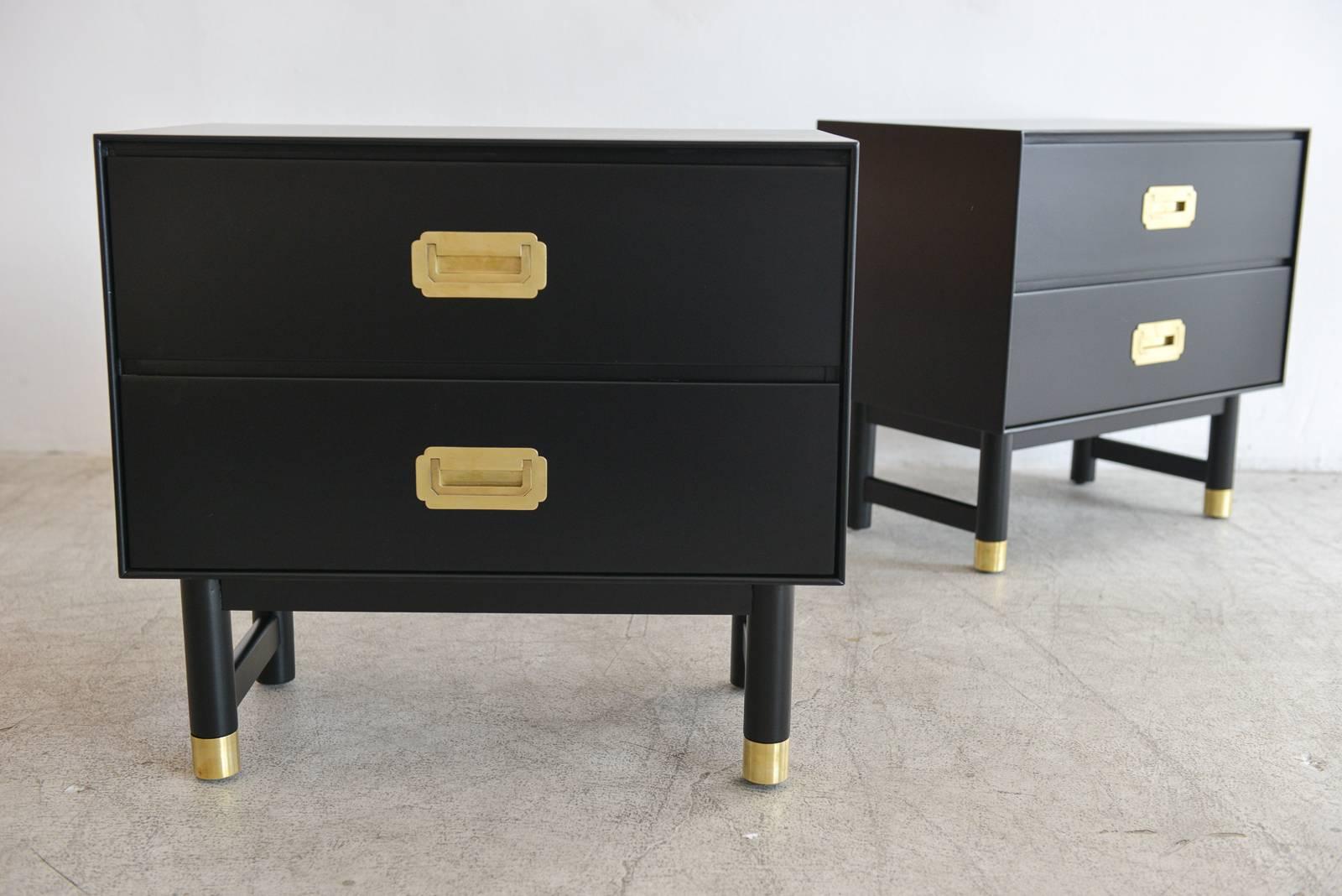 Pair of Black Lacquer and Brass Campaign Nightstands, circa 1960 In Excellent Condition In Costa Mesa, CA