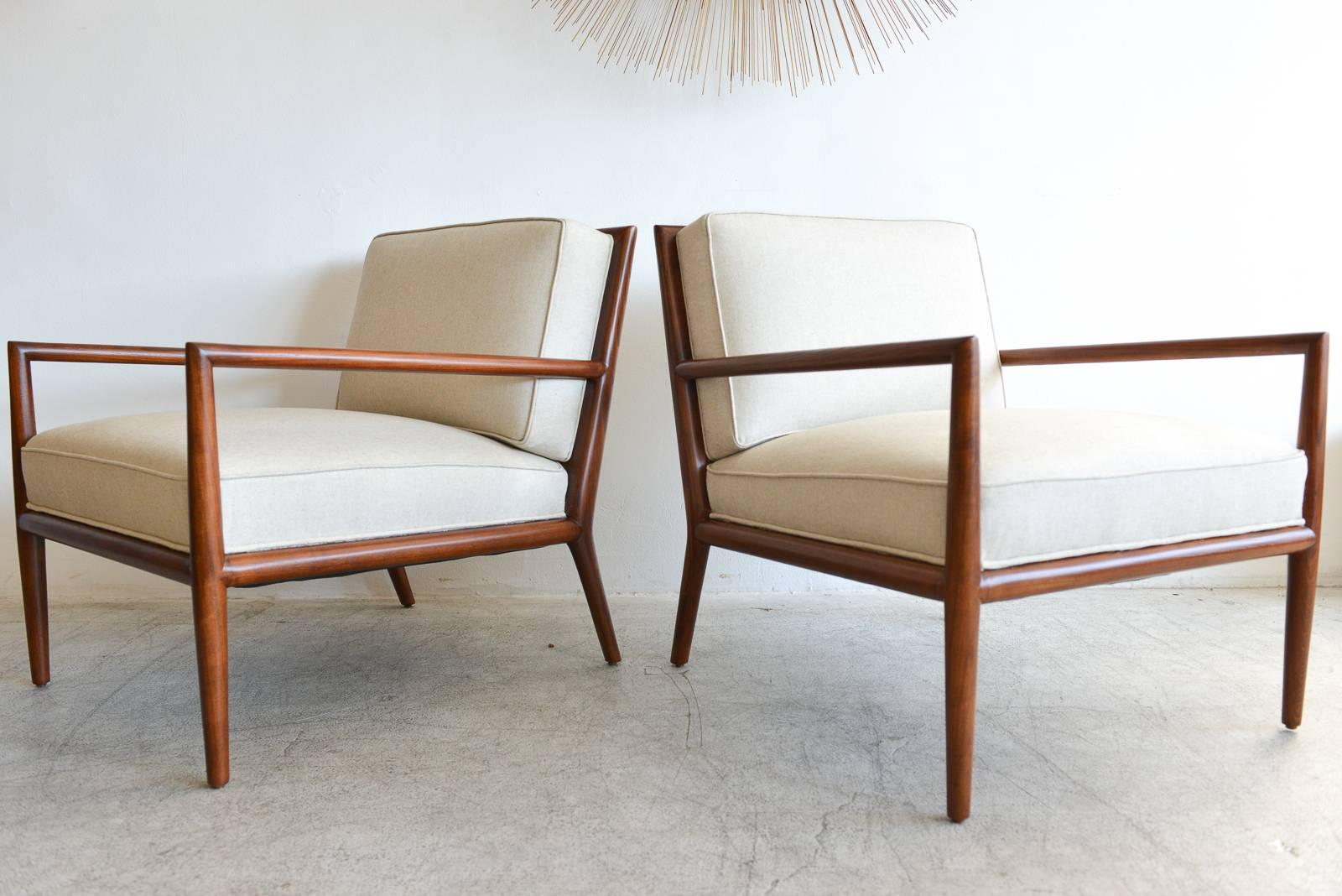 Mid-Century Modern Pair of T.H. Robsjohn-Gibbings Walnut Frame Lounge Chairs, circa 1959