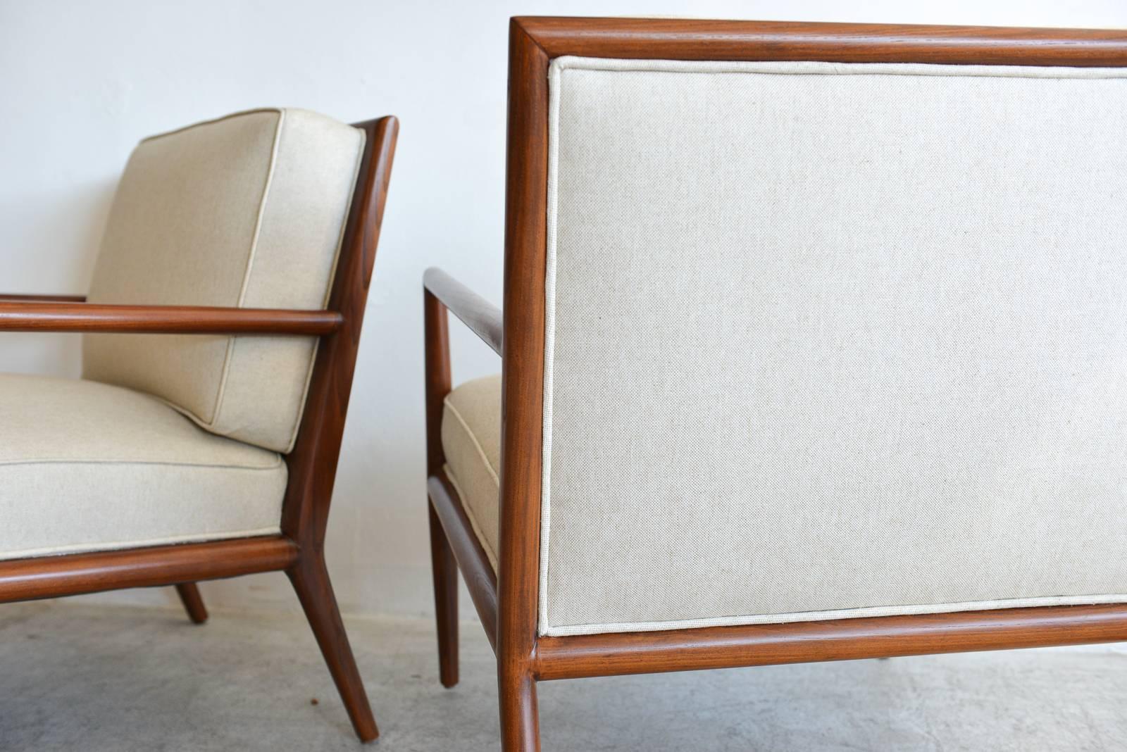 Mid-20th Century Pair of T.H. Robsjohn-Gibbings Walnut Frame Lounge Chairs, circa 1959