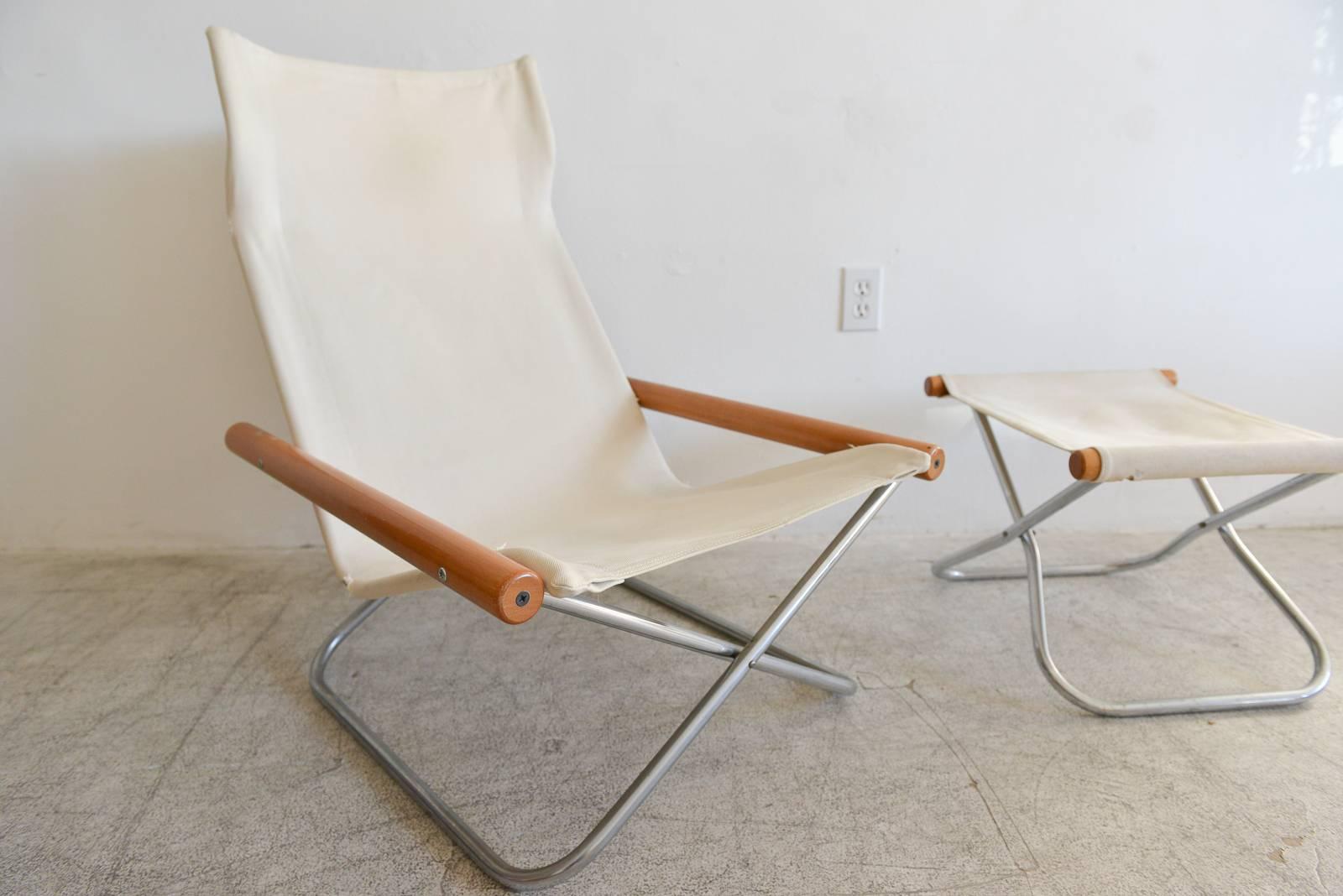 NY chair by Takeshi Nii, Japan, circa 1958. Includes rare ottoman. Washable canvas in good condition, minor wear and unravelling on one seam. Chrome tubular frame.

Available to see in our Showroom, 361 Old Newport Blvd, Newport Beach,