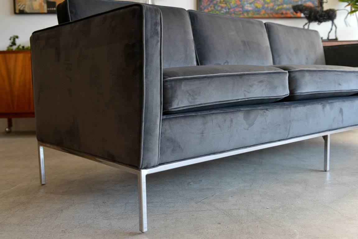 American Charcoal Grey Velvet Three-Seat Sofa with Chrome Base, circa 1970