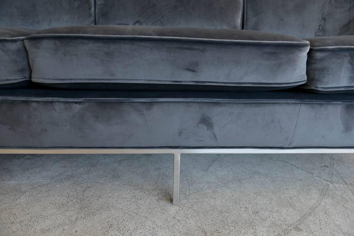 Charcoal Grey Velvet Three-Seat Sofa with Chrome Base, circa 1970 1