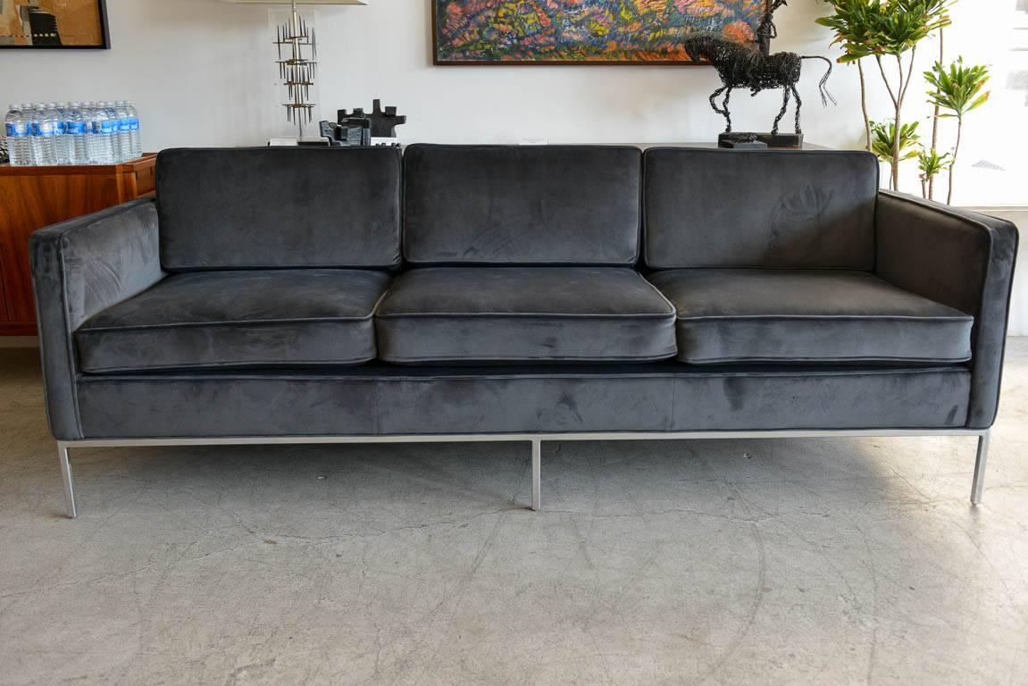 Charcoal grey velvet three-seat sofa with chrome base, circa 1970 in the manner of Florence Knoll. Beautifully restored with new foam and luxurious grey velvet fabric. Extremely comfortable. Professionally restored in showroom perfect condition with