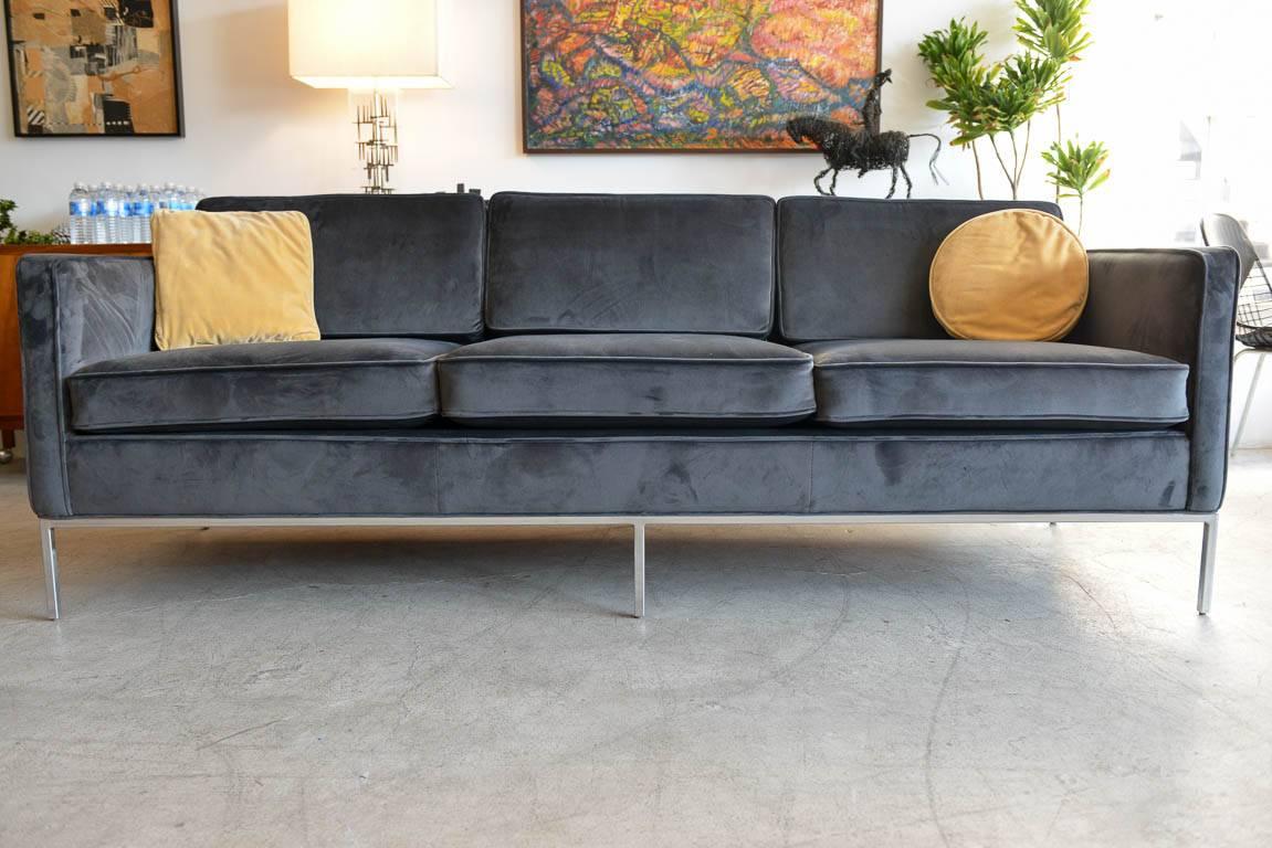 Mid-Century Modern Charcoal Grey Velvet Three-Seat Sofa with Chrome Base, circa 1970