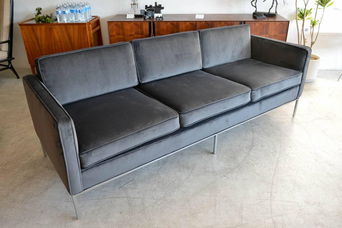 Charcoal Grey Velvet Three-Seat Sofa with Chrome Base, circa 1970 In Excellent Condition In Costa Mesa, CA
