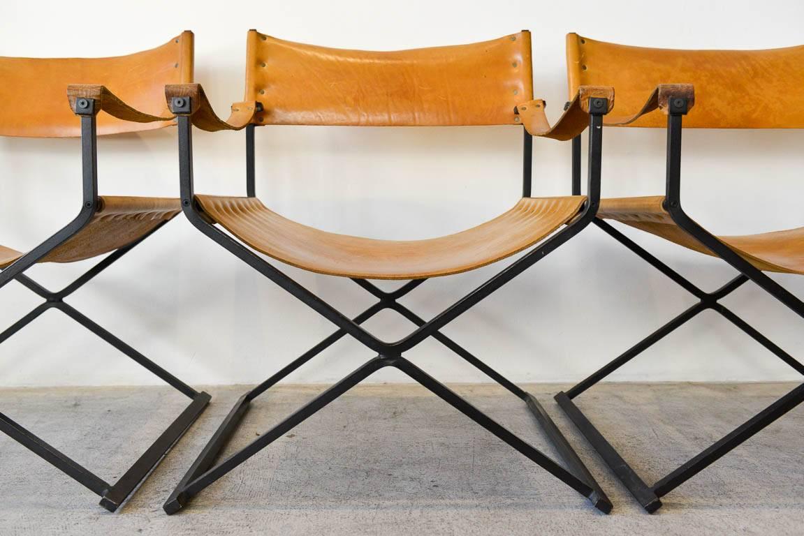 Saddle Leather and Iron Directors Chairs, circa 1970 In Good Condition In Costa Mesa, CA