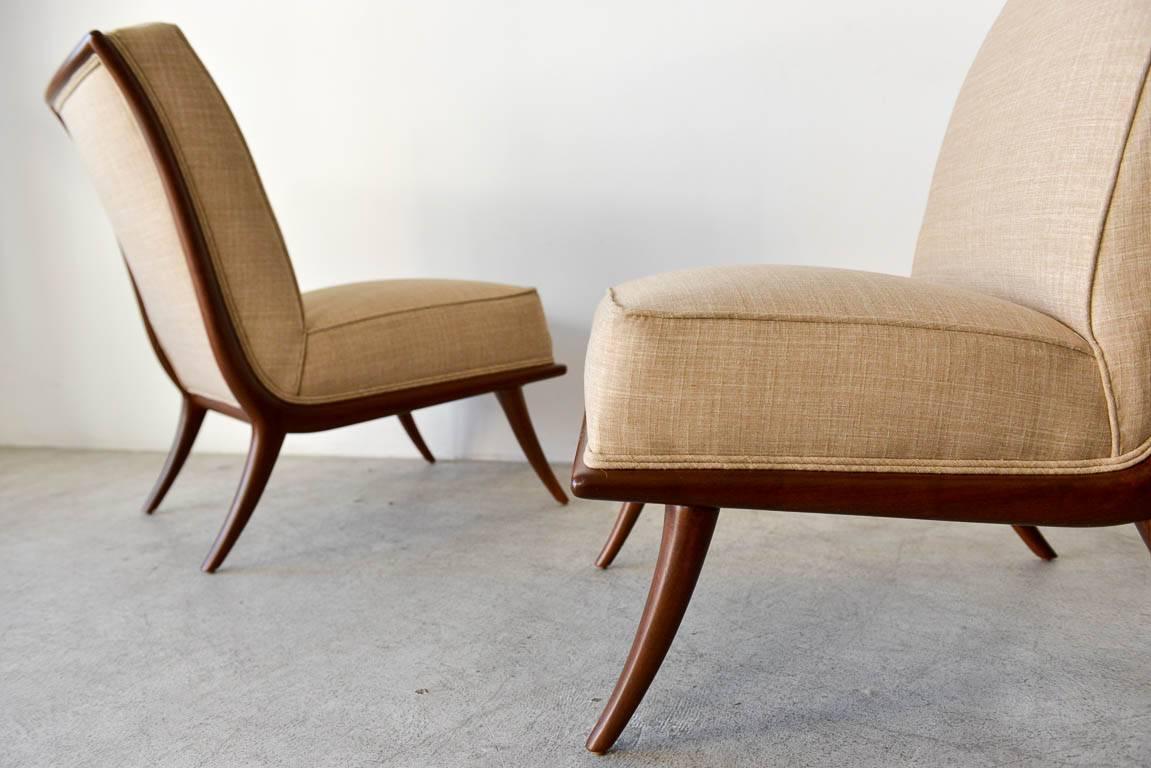 Pair of T. H. Robsjohn-Gibbings Walnut Sabre Leg Slipper Chairs, circa 1950 In Excellent Condition In Costa Mesa, CA