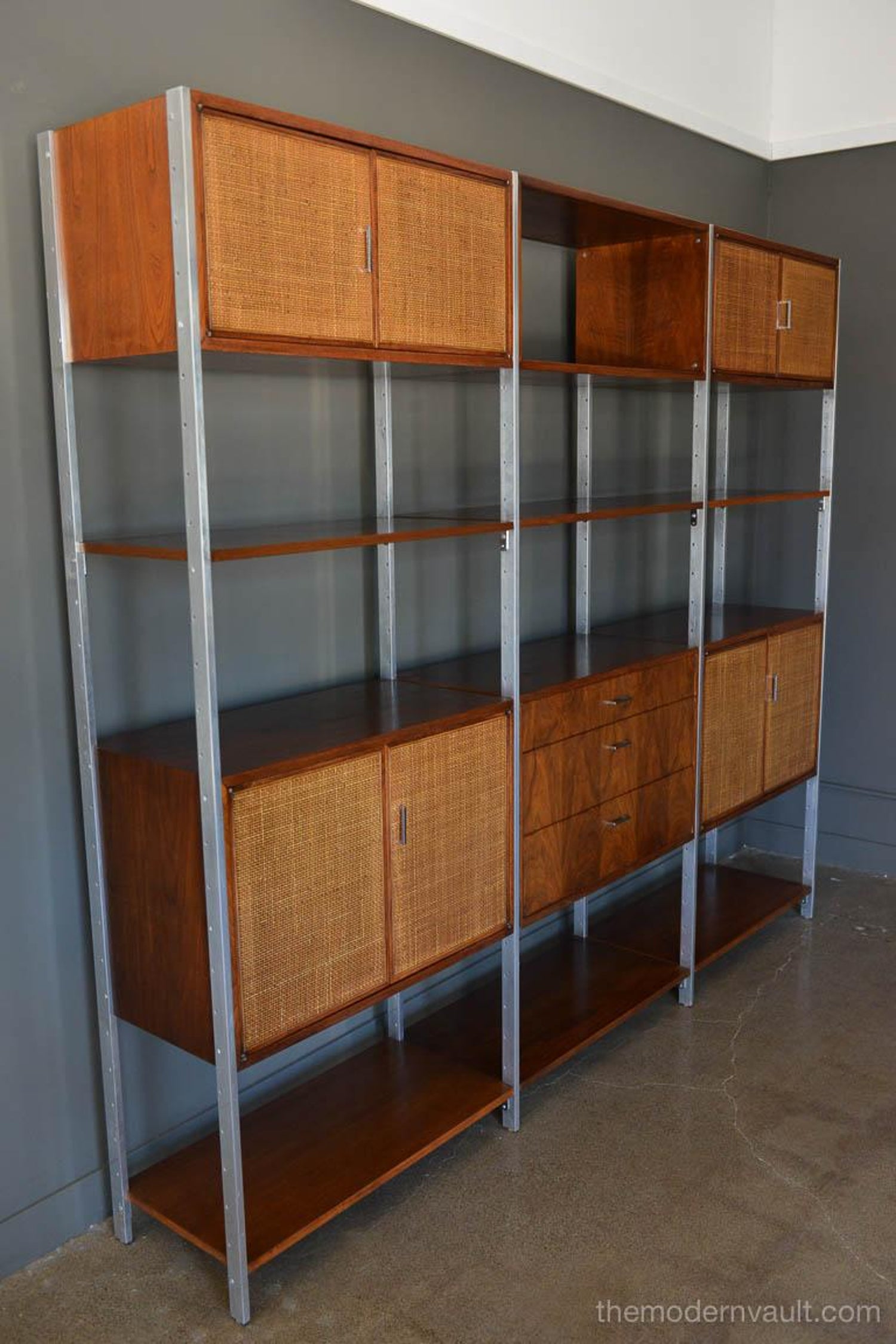 Walnut, Cane And Aluminum Wall Unit Or Room Divider By Walnut, Cane And Aluminum Wall Unit Or Room Divider By