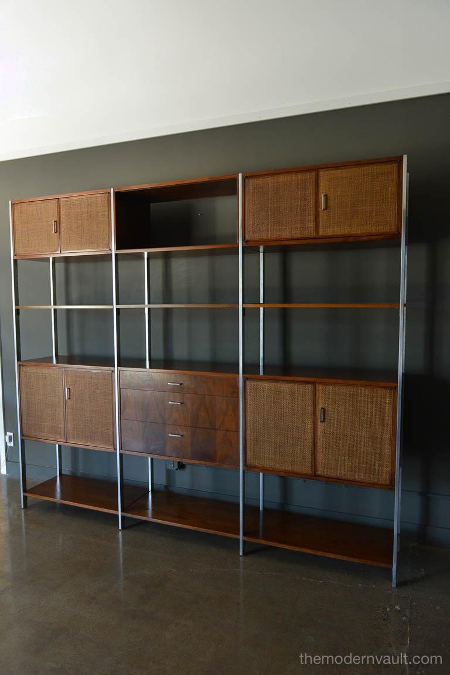 Walnut, Cane And Aluminum Wall Unit Or Room Divider By Walnut, Cane And Aluminum Wall Unit Or Room Divider By