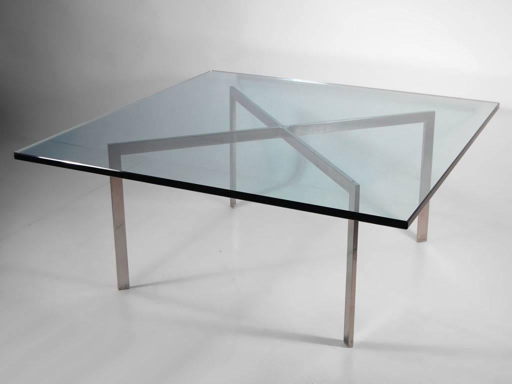 Chrome and glass coffee table by Mies Van Der Rohe for Knoll, circa 1968. Glass is in perfect vintage condition and frame stamped with a K for Knoll. Beautiful vintage condition, measures 40