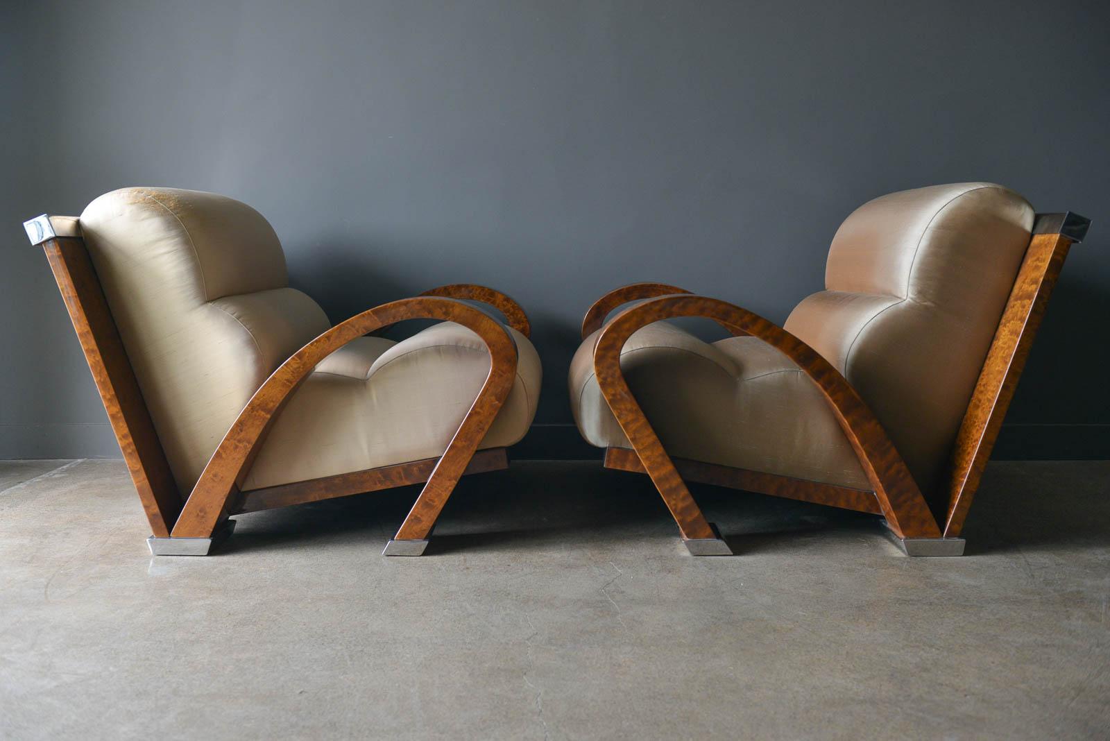 Enrique Garcel for pace bamboo and chrome lounge chairs, circa 1970. Beautiful and substantial pair of signed original lounge chairs by Enrique Garcel for James Rosen Pace. Signed and numbered on bottom with original beige silk upholstery in very