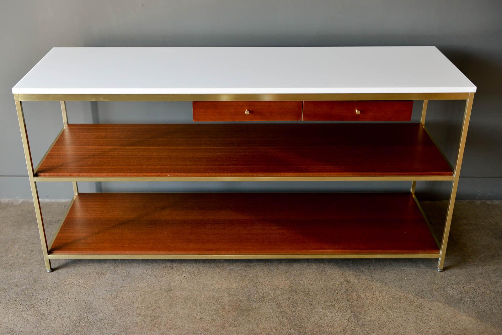 American Paul McCobb Brass, Mahogany and Vitrolite Glass Console Table, circa 1955