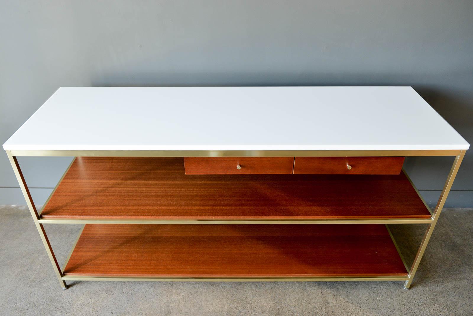 Paul McCobb Brass, Mahogany and Vitrolite Glass Console Table, circa 1955 In Excellent Condition In Costa Mesa, CA